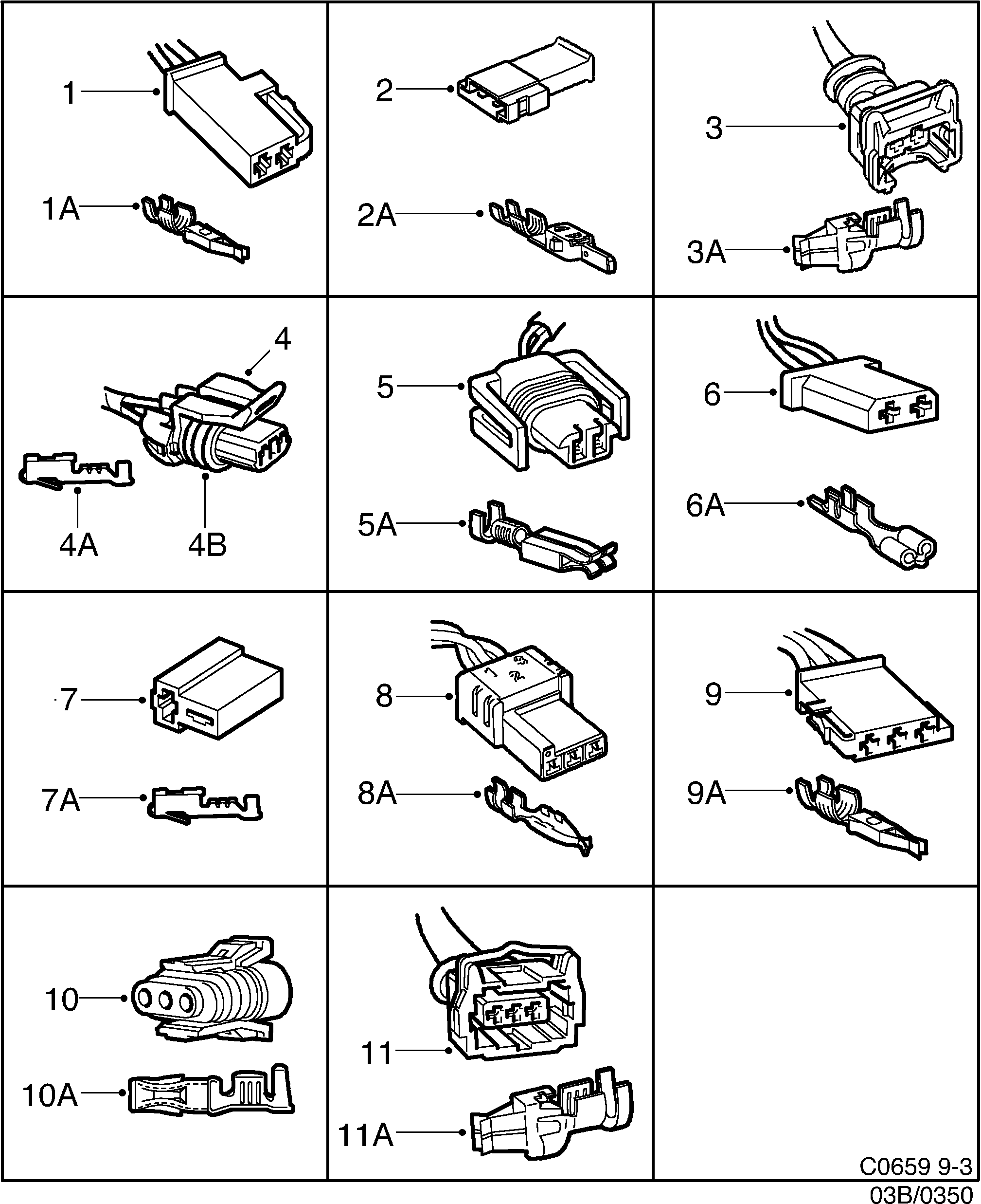 Saab 9-3 (9400) Connector housing etc 2-pin-3-pin diagram