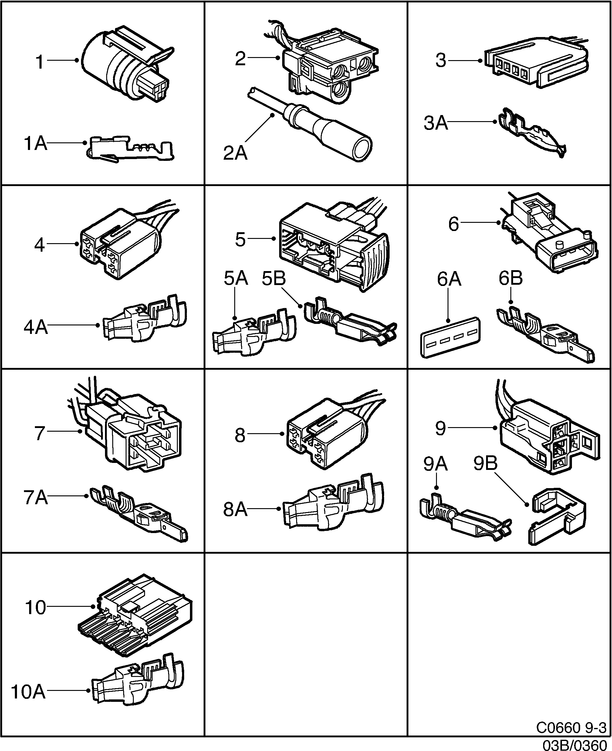Saab 9-3 (9400) Connector housing etc 3-pin-4-pin diagram