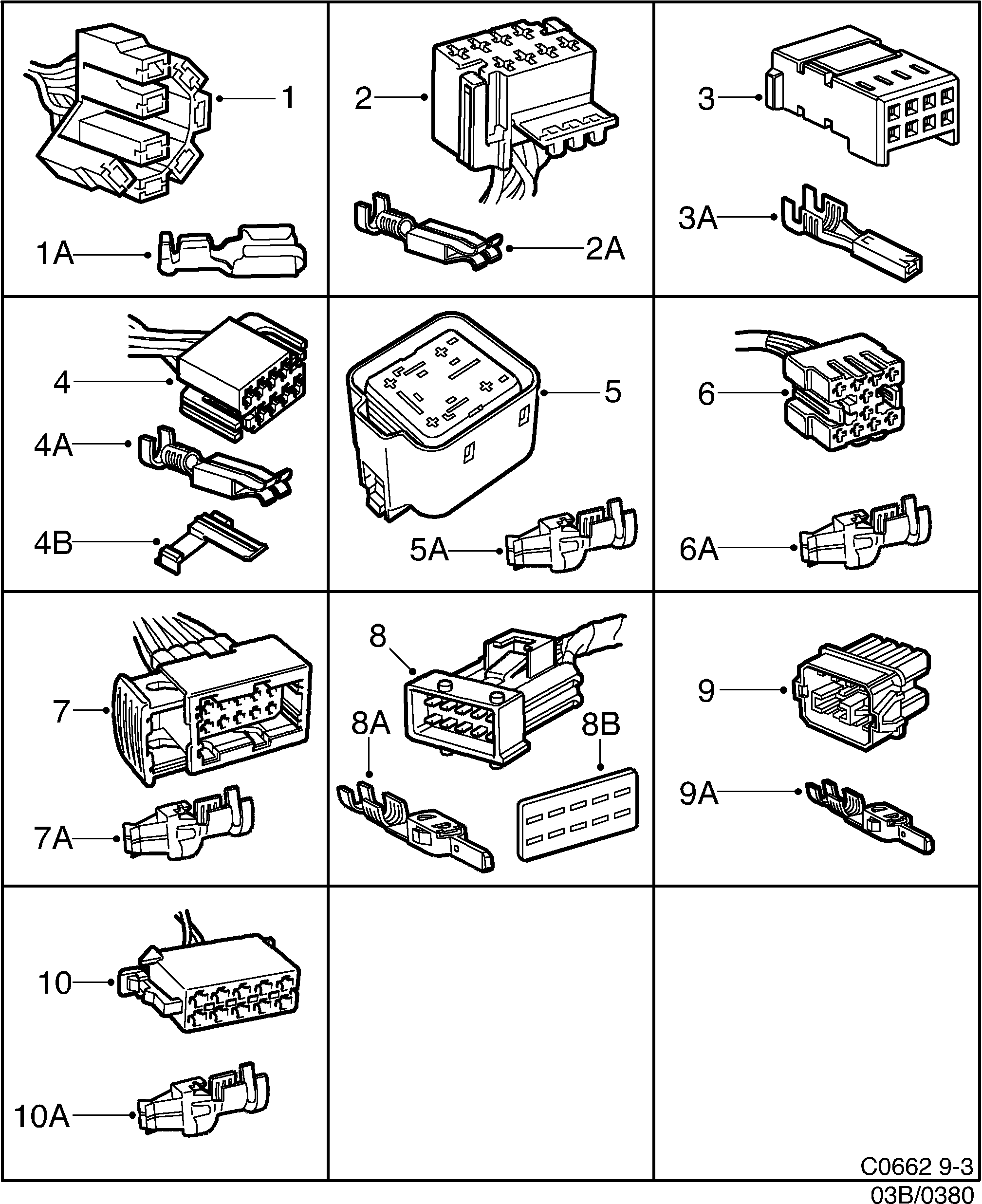 Saab 9-3 (9400) Connector housing etc 8-pin-10-pin diagram