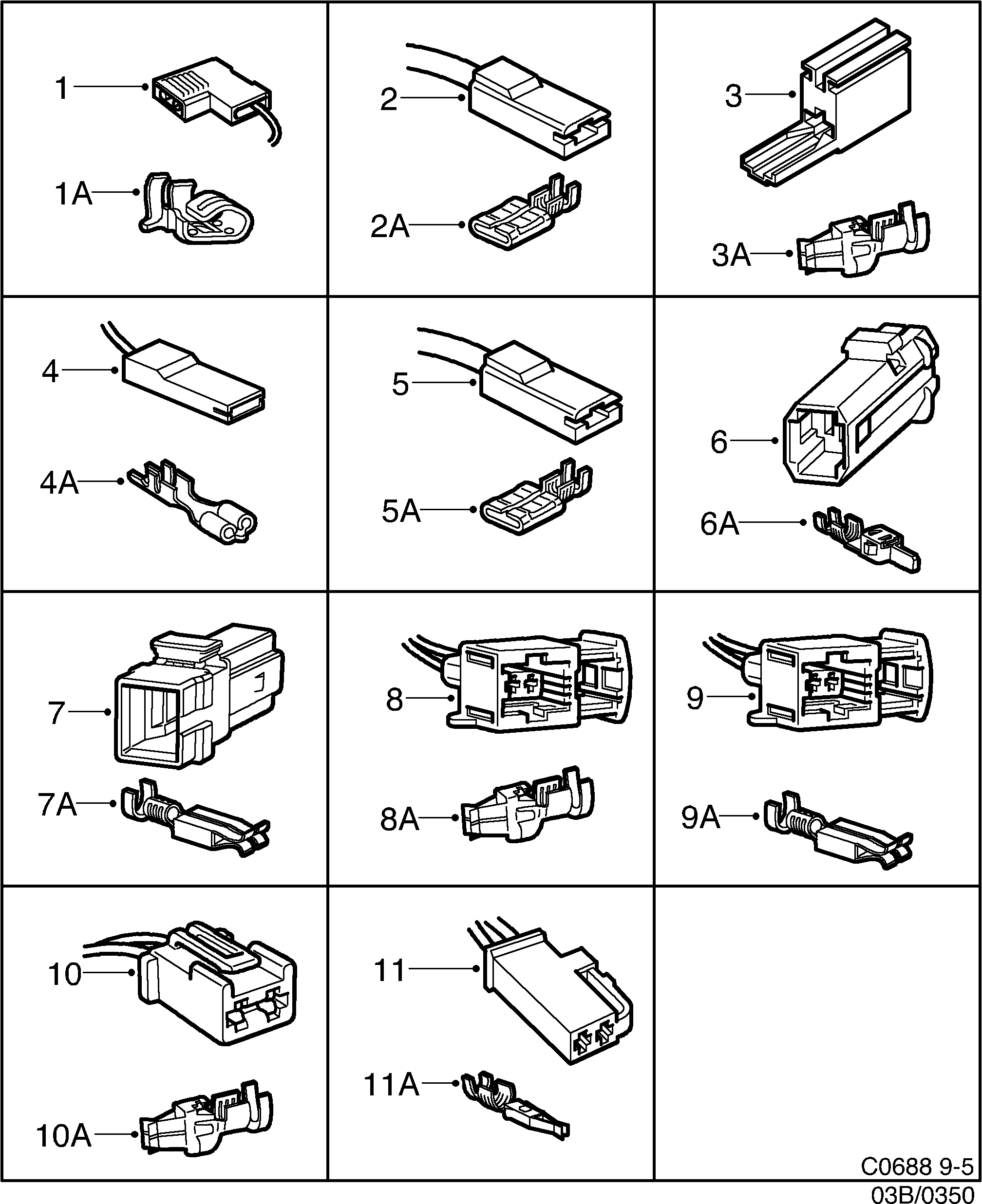 Saab 9-5 (9600) Connector housing etc 1-pin-2-pin diagram