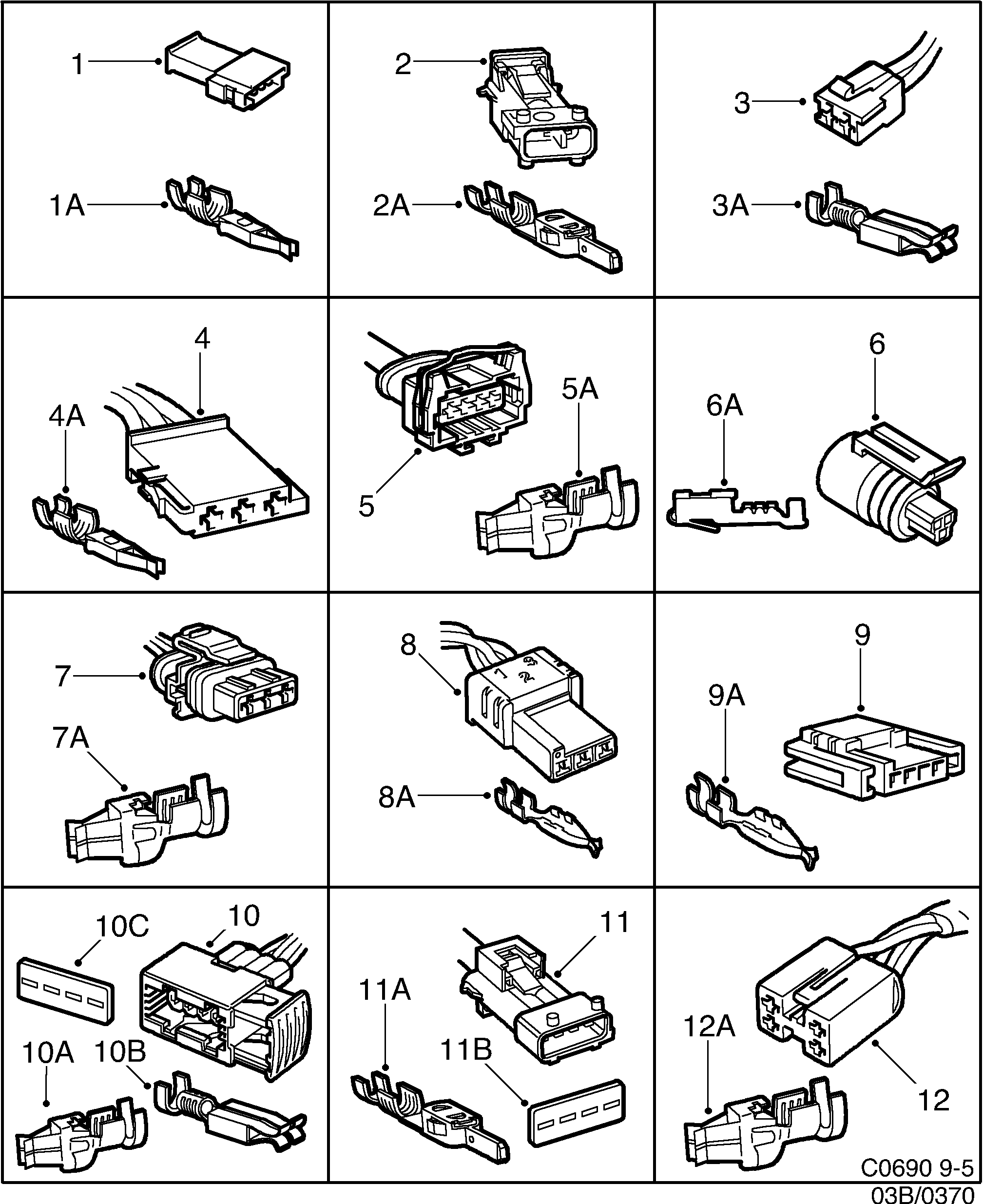Saab 9-5 (9600) Connector housing etc 2-pin-4-pin diagram