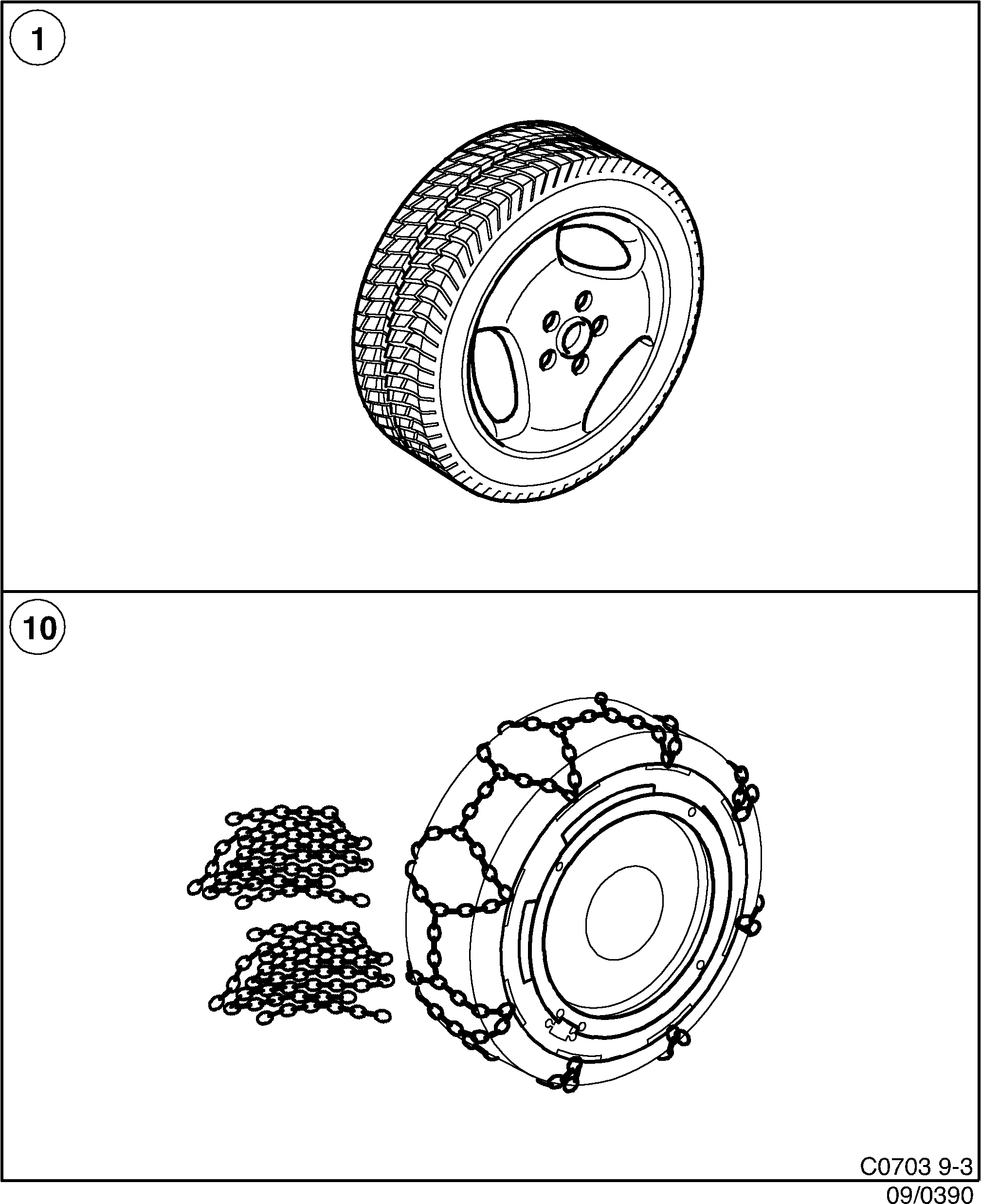 Saab 9-3 (9400) Winter wheel Snow chains diagram