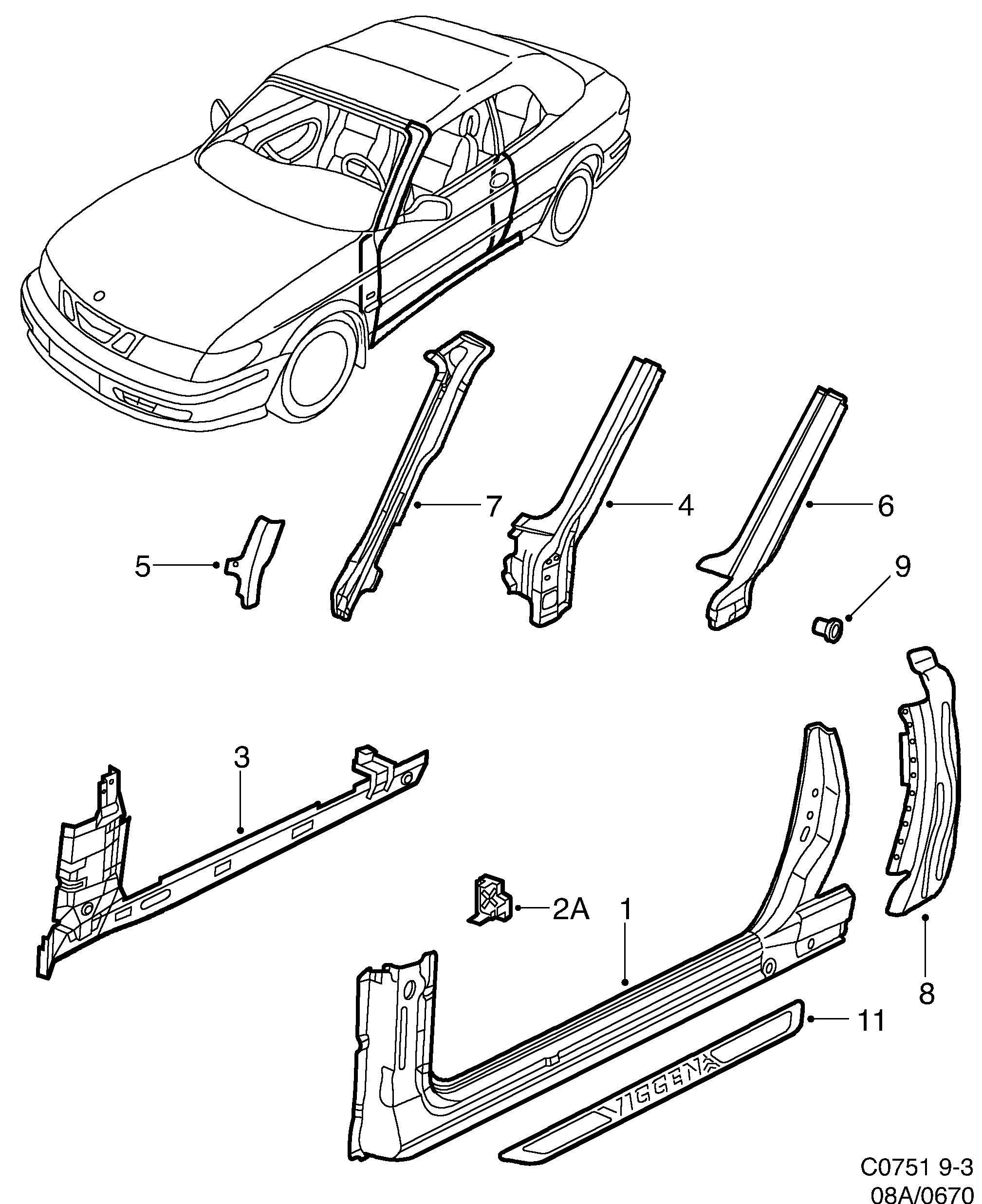 Saab 9-3 (9400) Door frame diagram