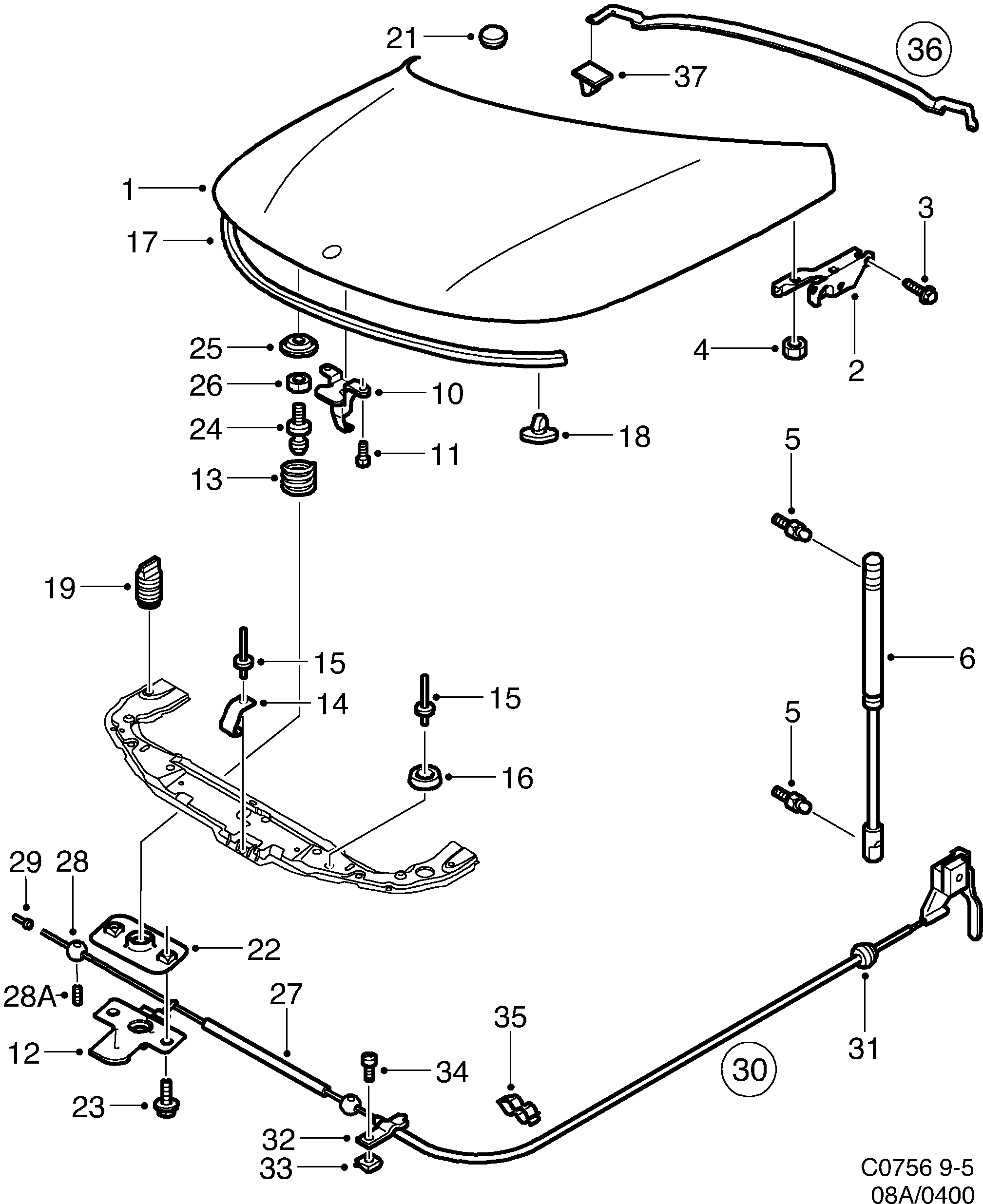 Saab 9-5 (9600) Hood diagram