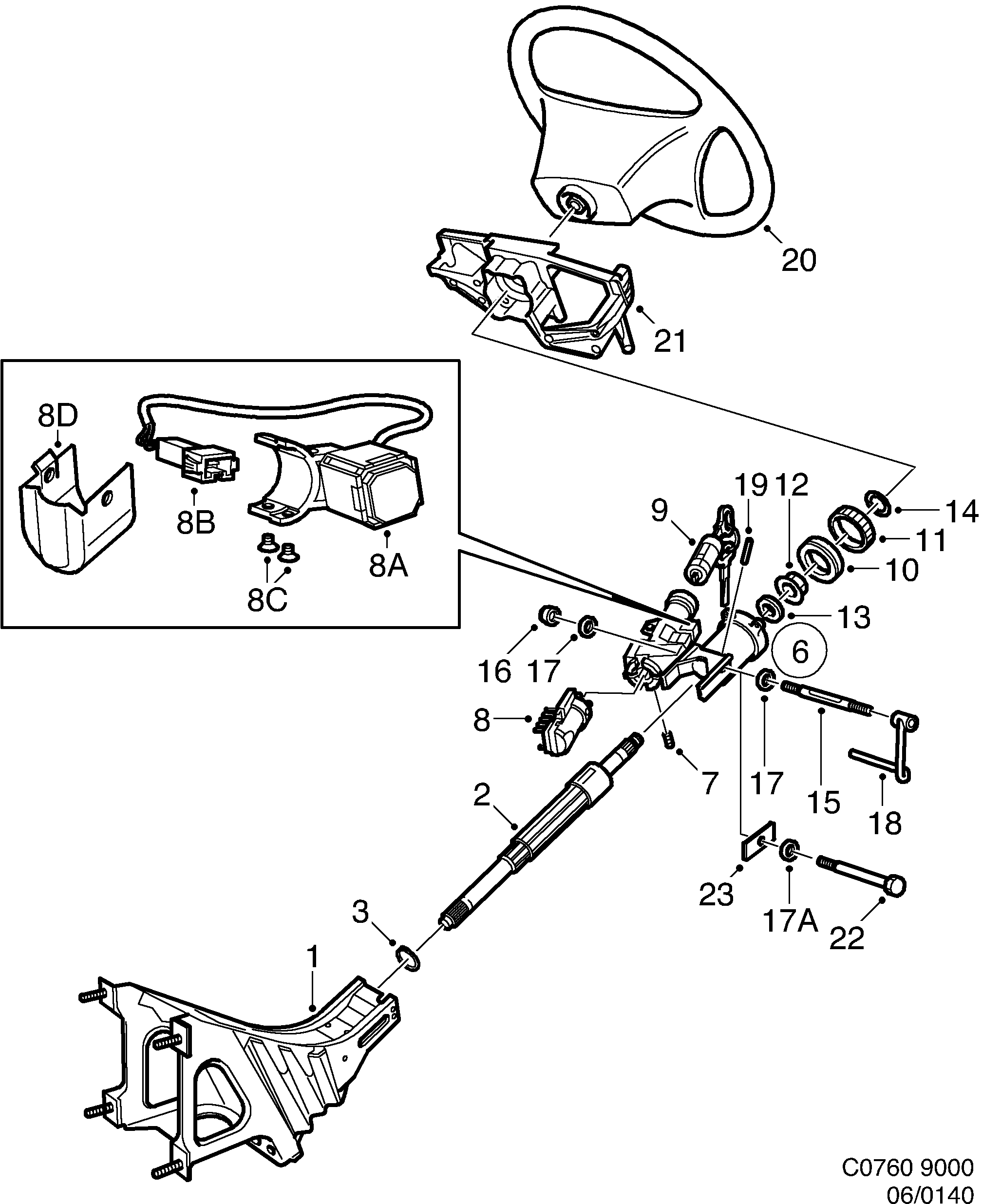 Saab 9000 Steering shaft diagram