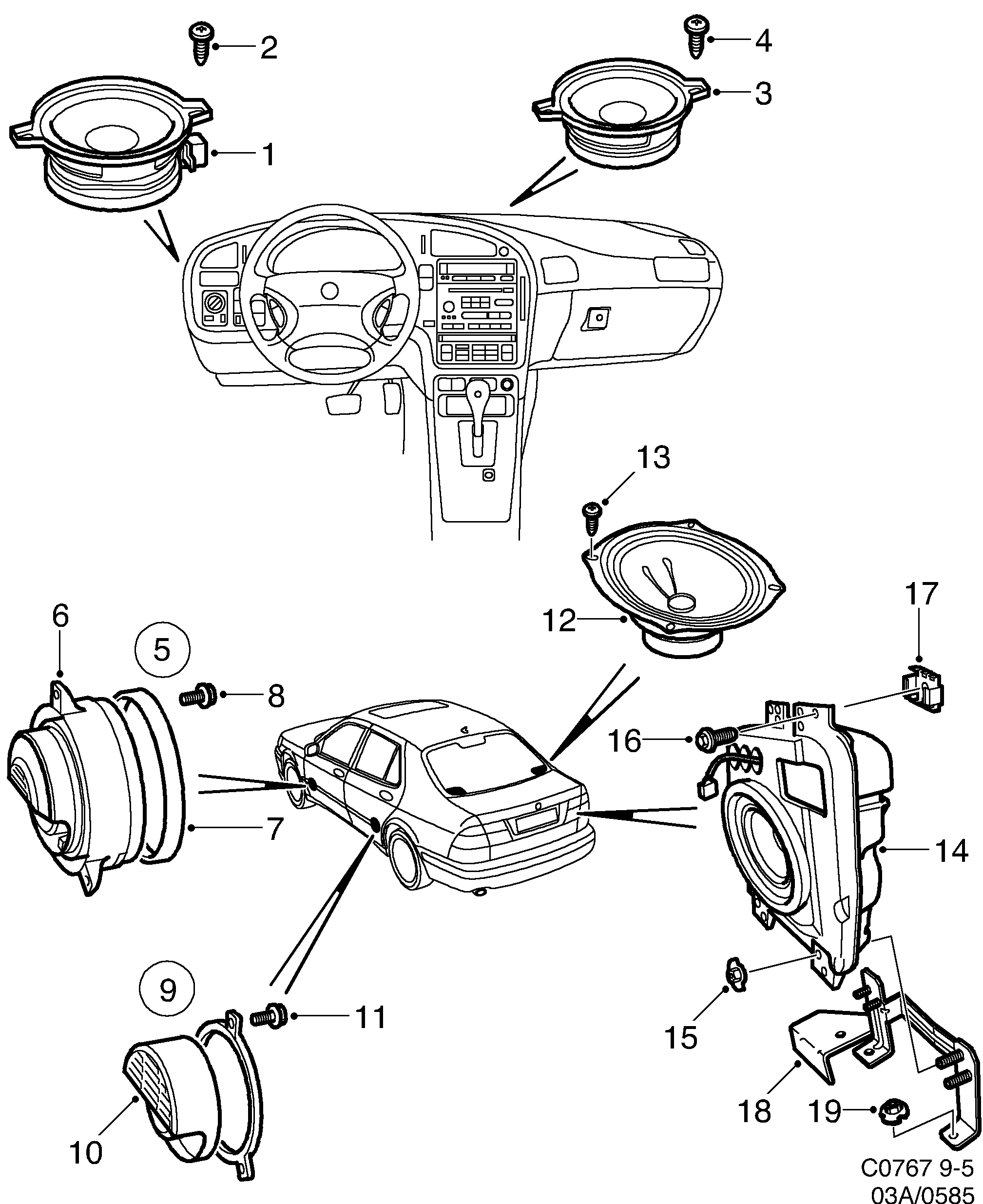 Saab 9-5 (9600) Loudspeaker diagram