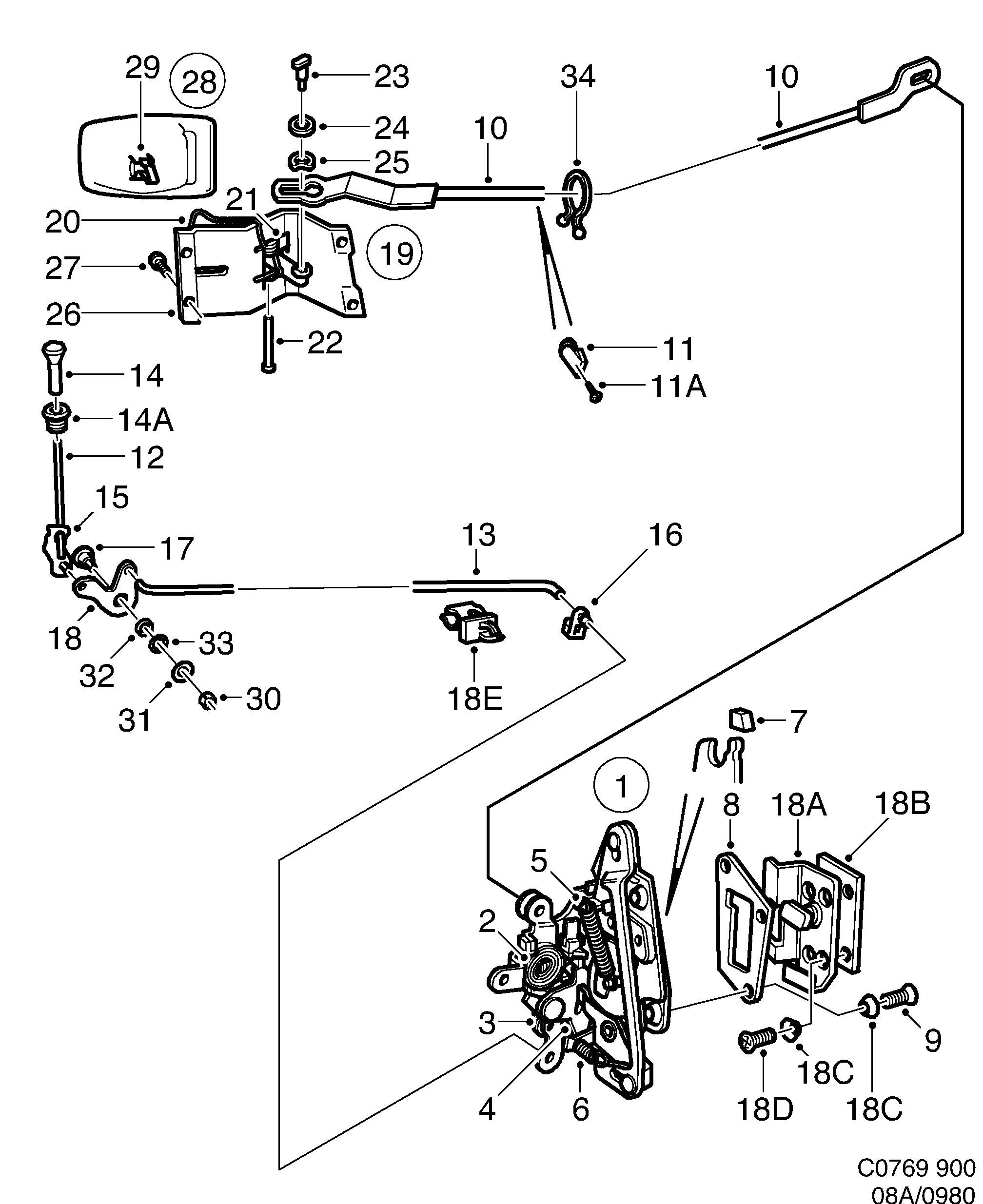Saab 900 Door lock Rear diagram