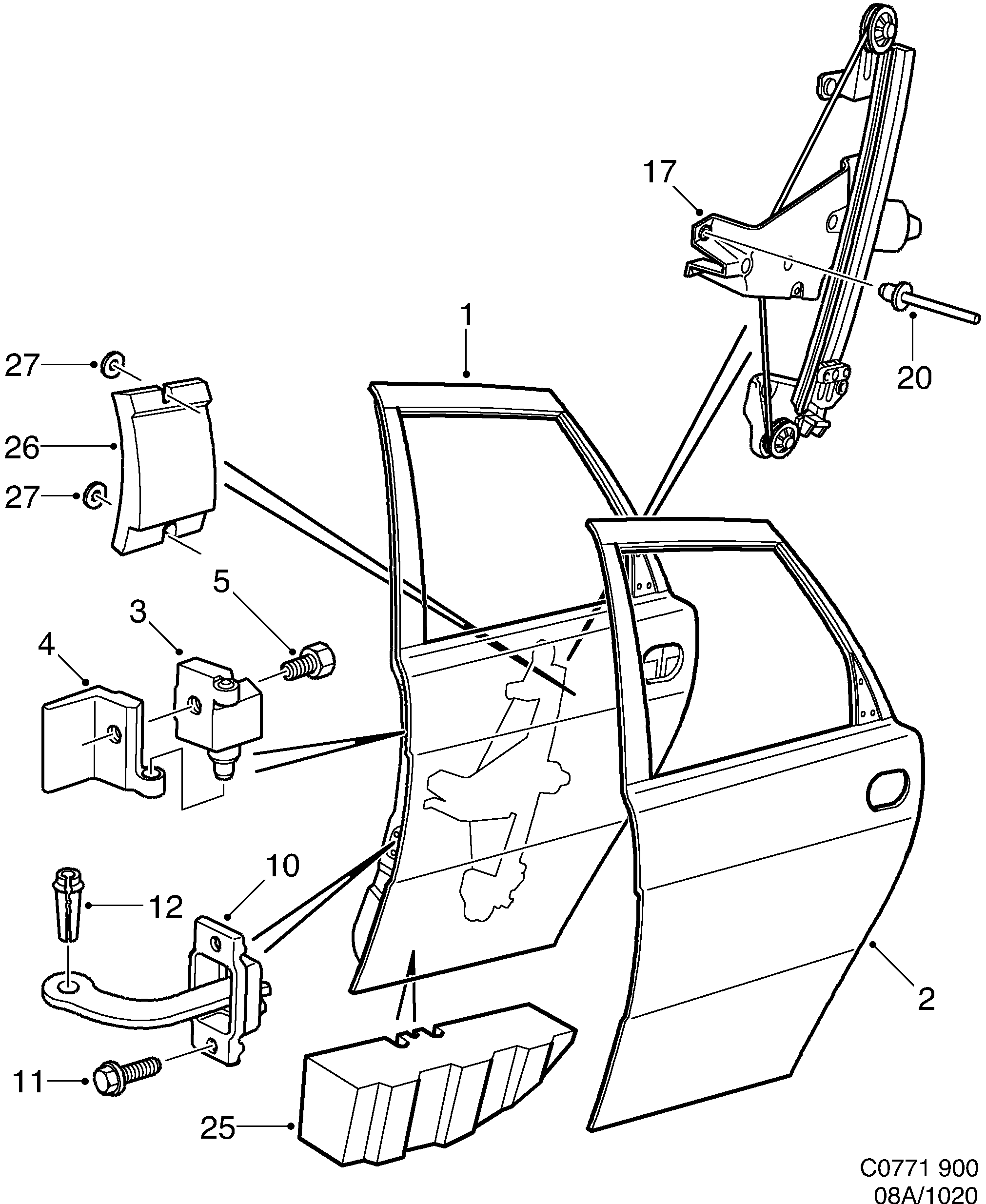 Saab 900 Rear door Window regulator diagram