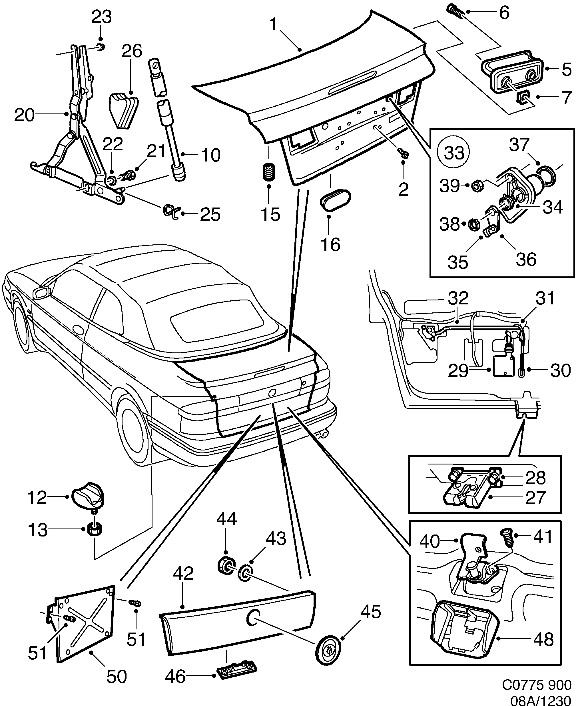 Saab 900 Trunk lid Lock diagram