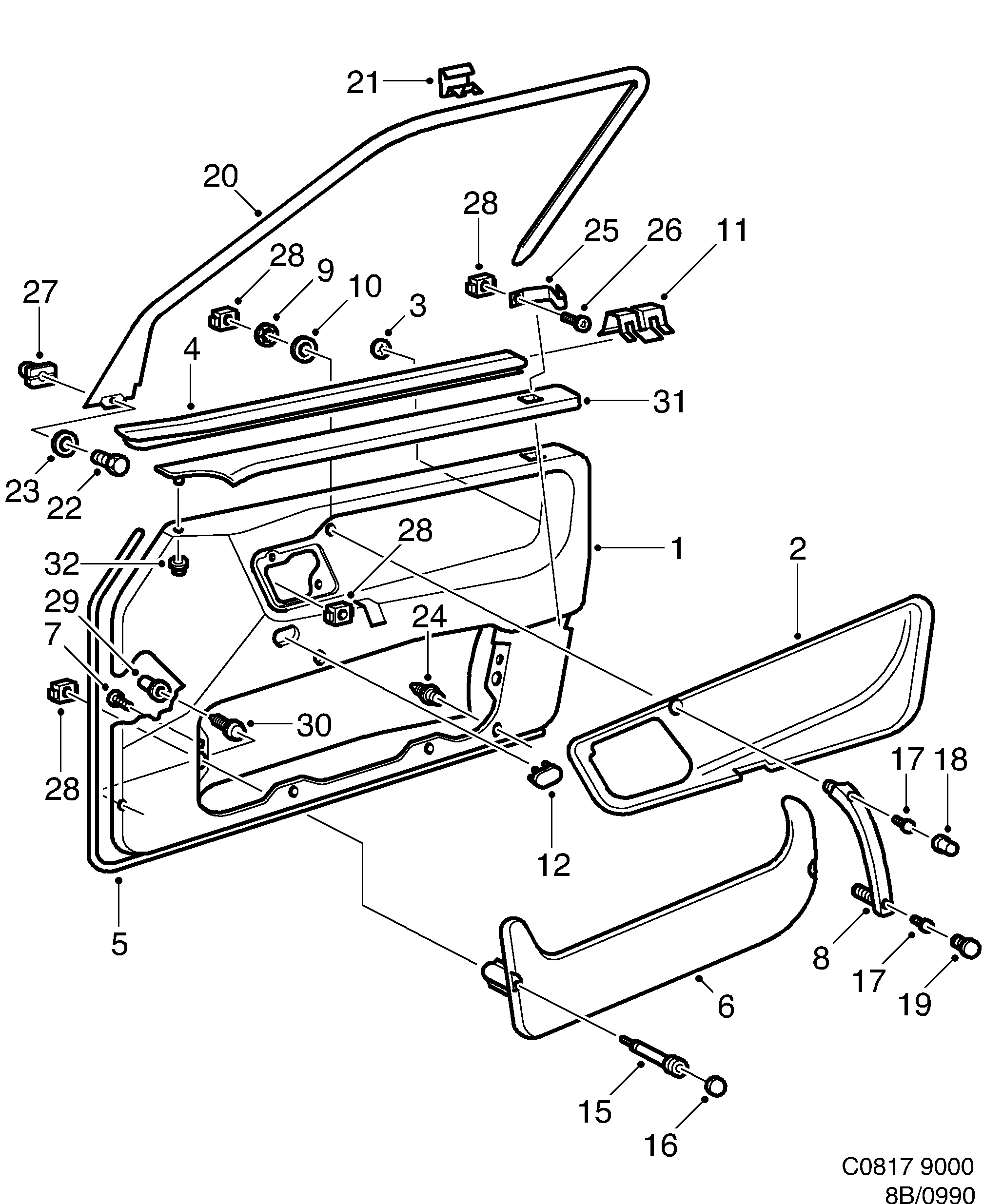 Saab 9000 Door panel Front door diagram