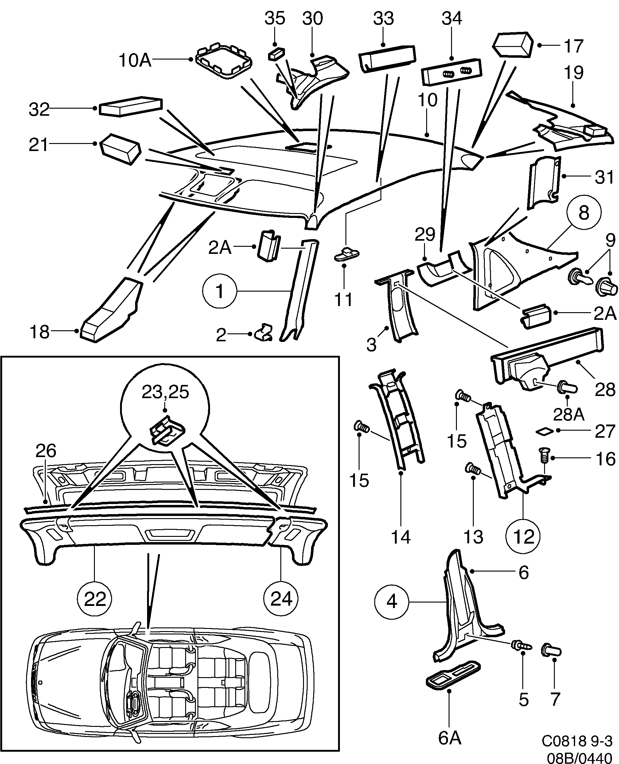 Saab 9-3 (9400) Head- and pillar lining diagram