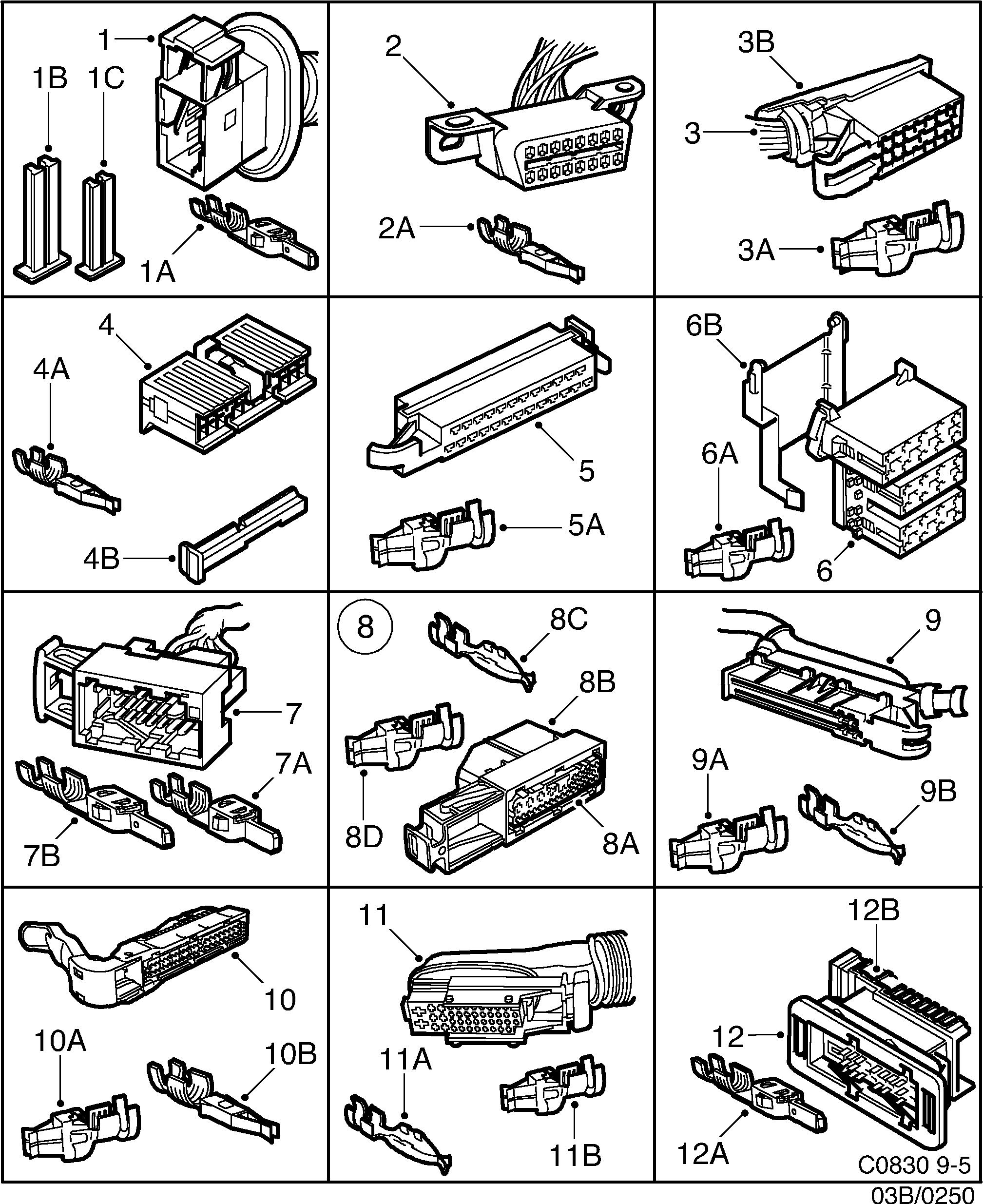 Saab 9-5 (9600) Connector housing etc 16-pin-42-pin diagram
