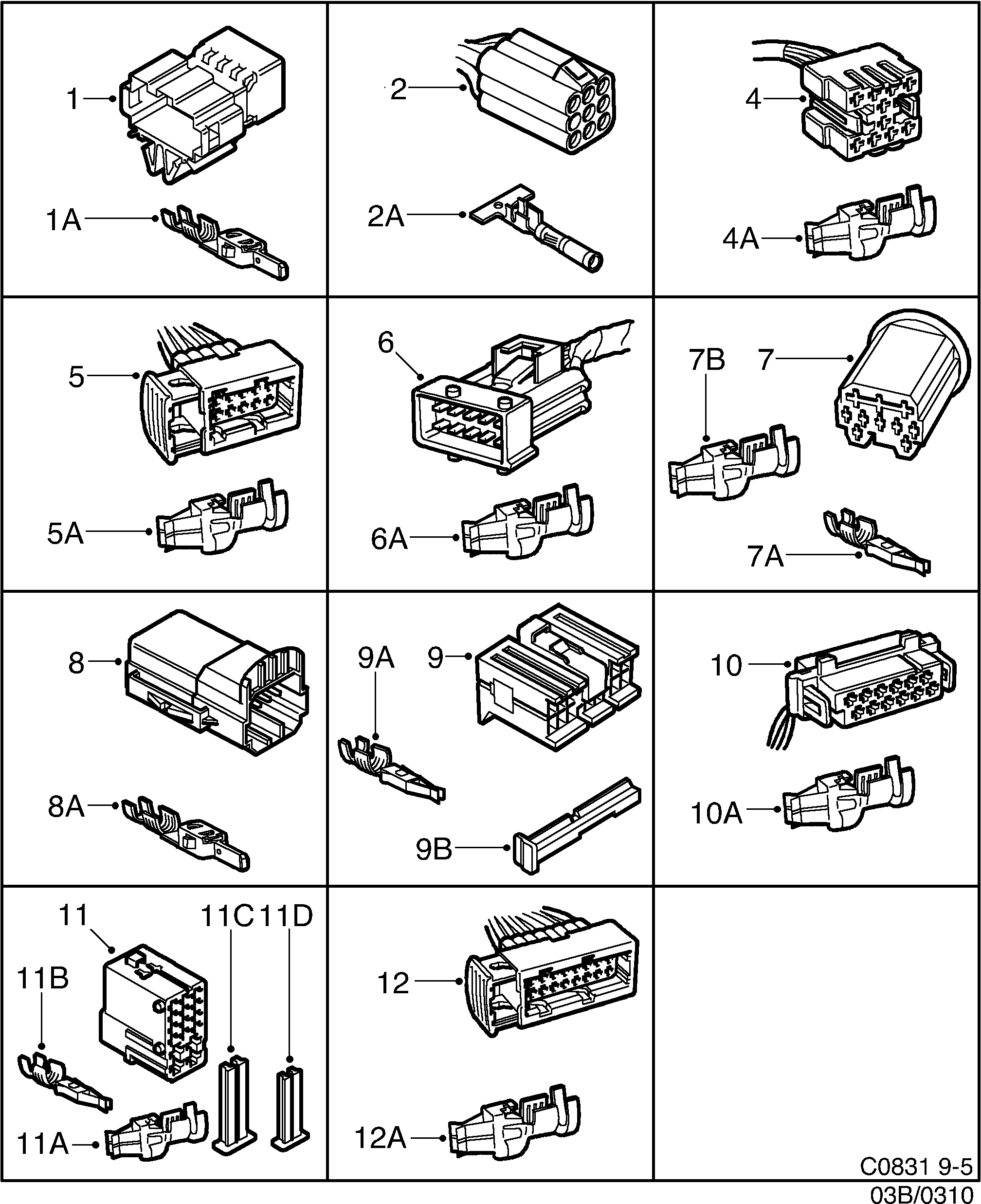 Saab 9-5 (9600) Connector housing etc 8-pin-16-pin diagram