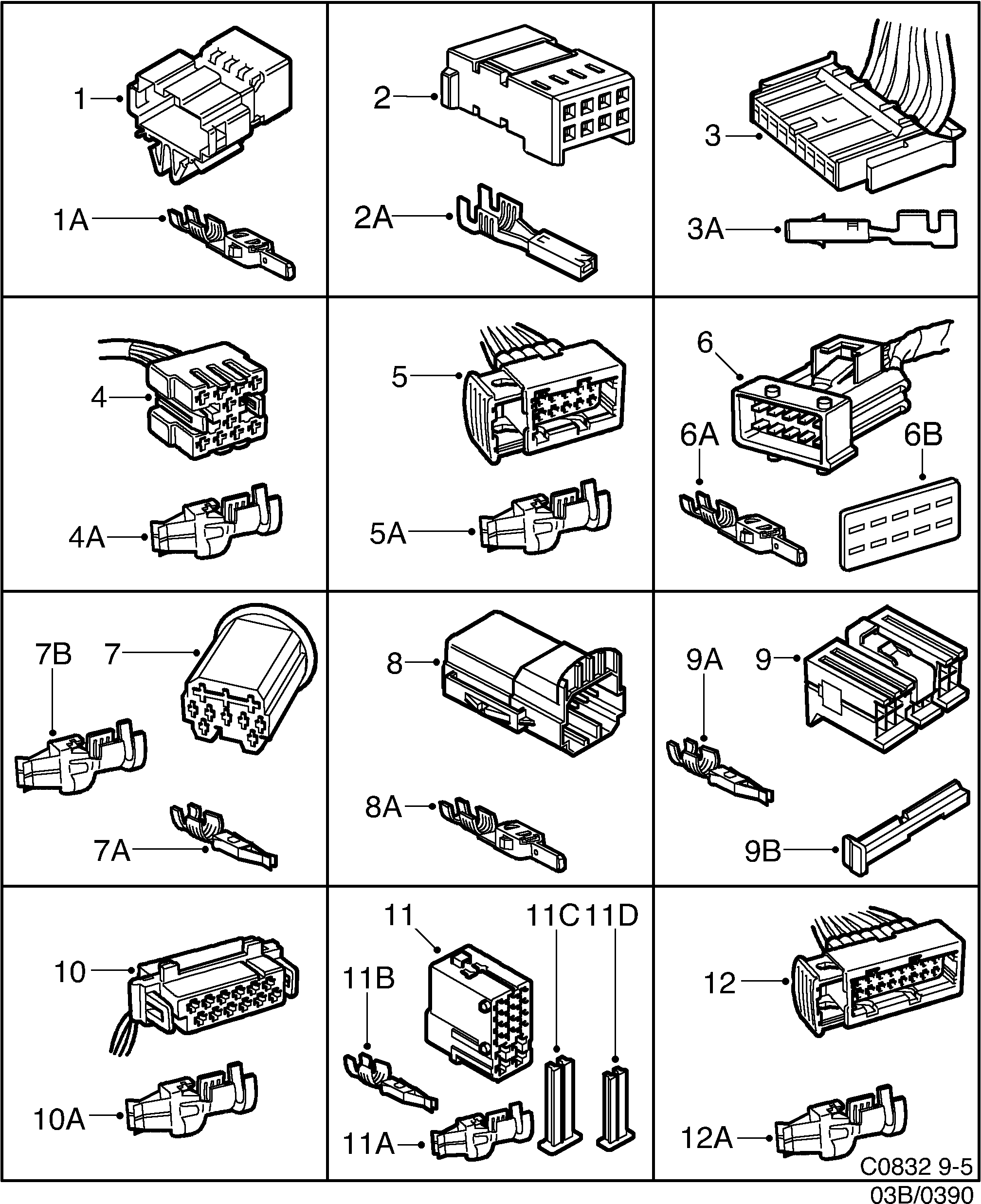 Saab 9-5 (9600) Connector housing etc 8-pin-16-pin diagram