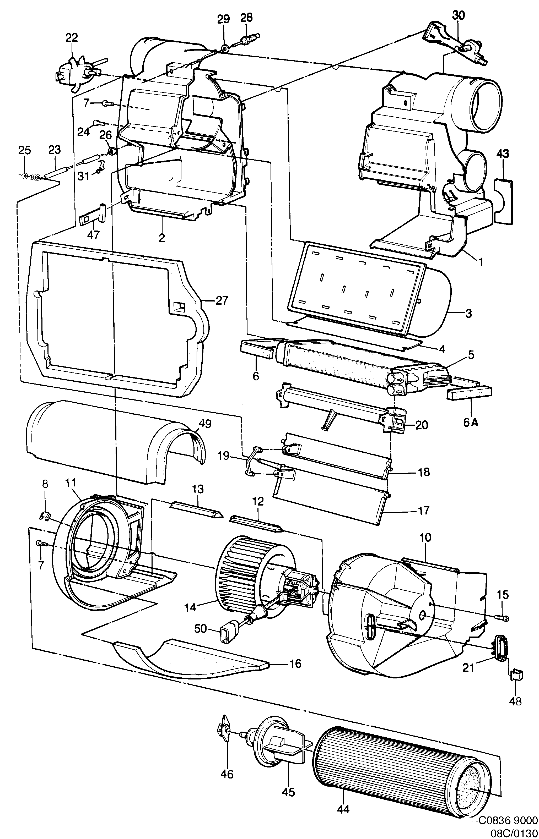 Saab 9000 Heat exchanger Fan unit, not ACC diagram