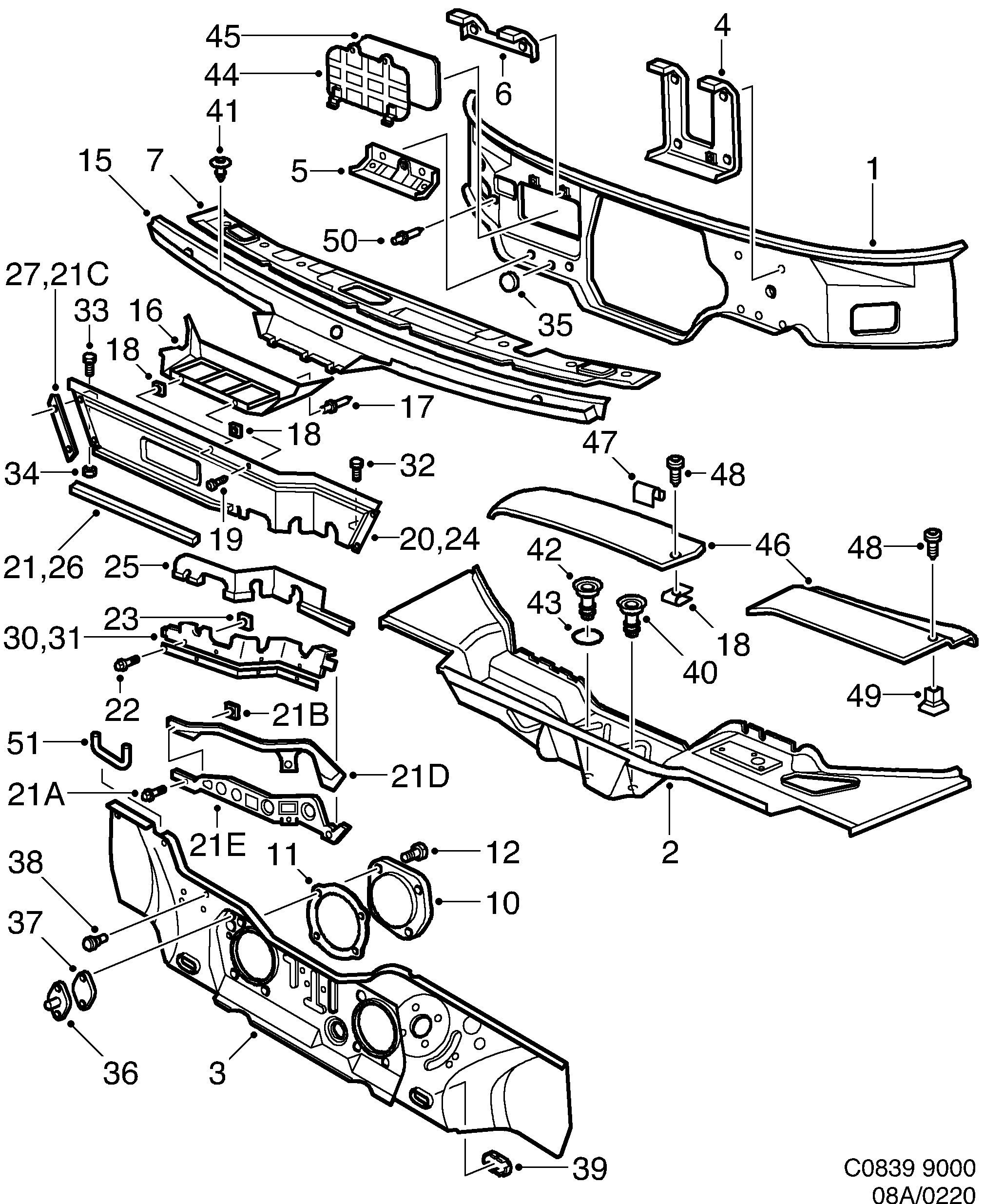 Saab 9000 Cowl plate diagram