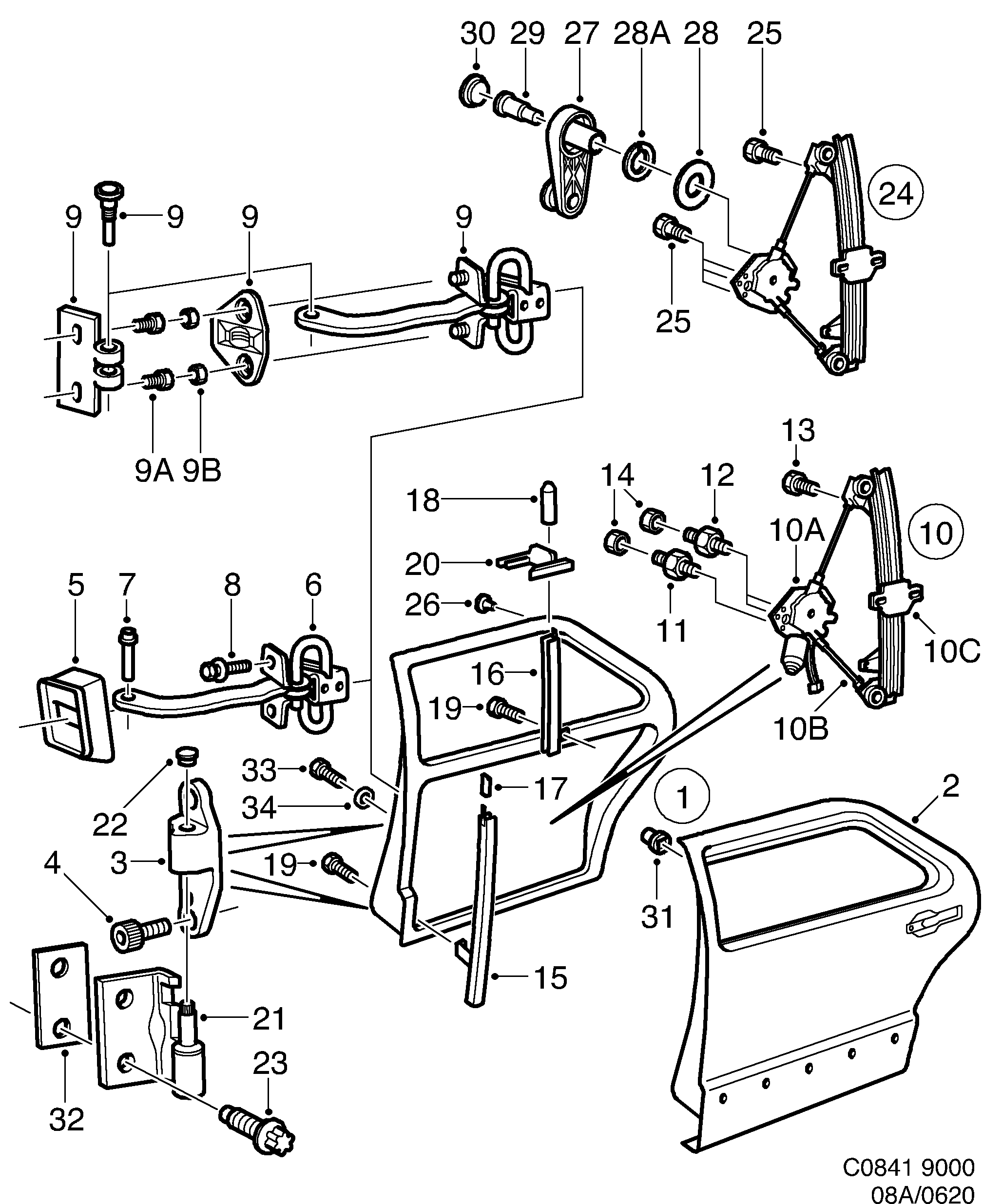 Saab 9000 Rear doors, hinges, window regulators diagram