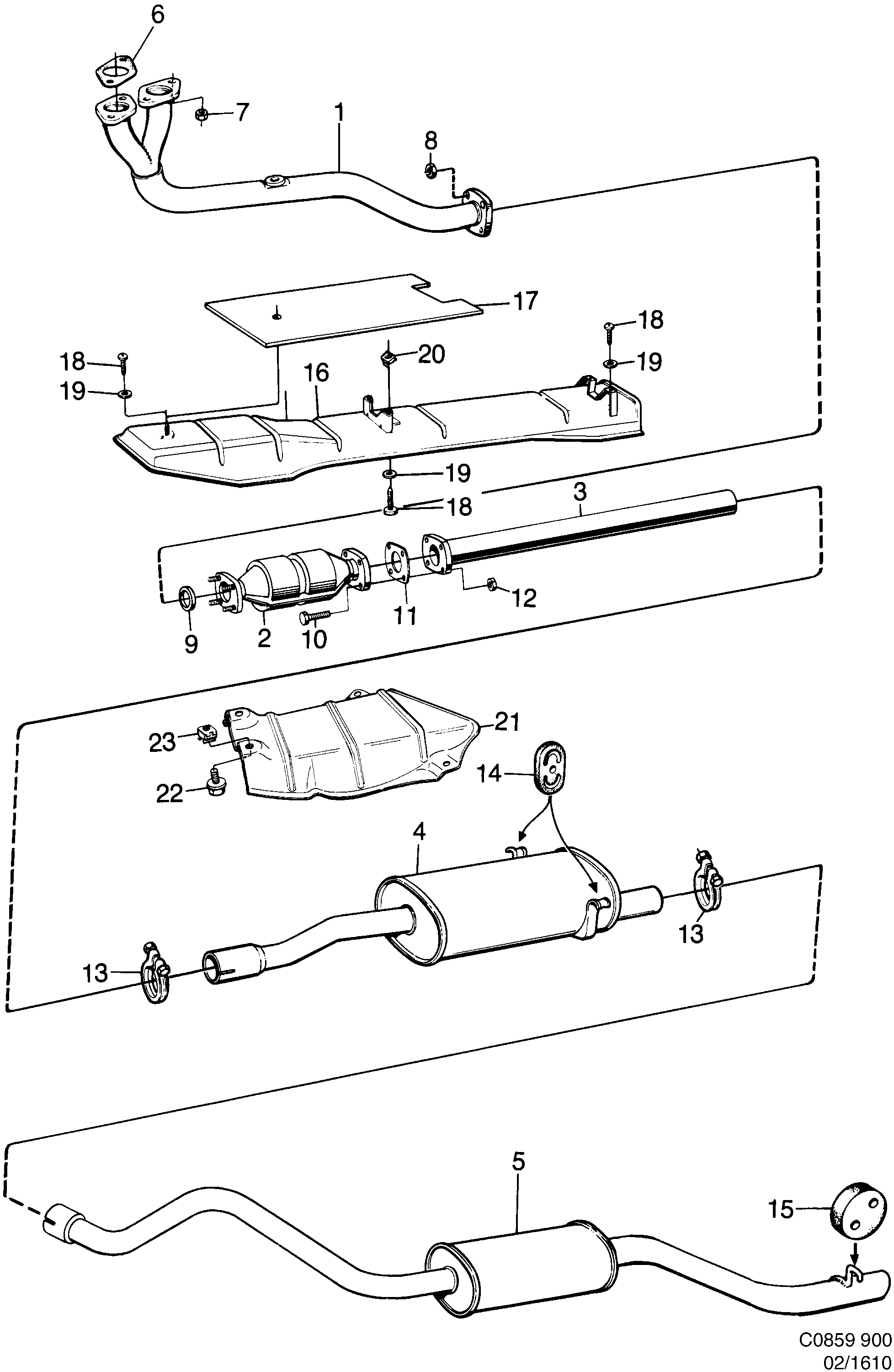 Saab 900 Exhaust system With catalytic converter diagram