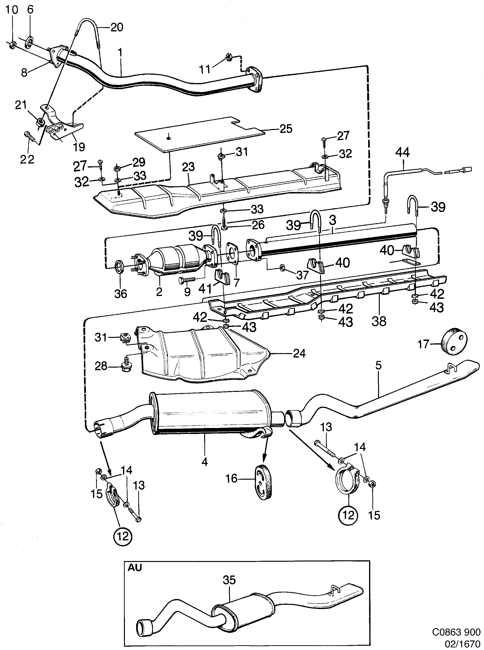 Saab 900 Exhaust system With catalytic converter diagram