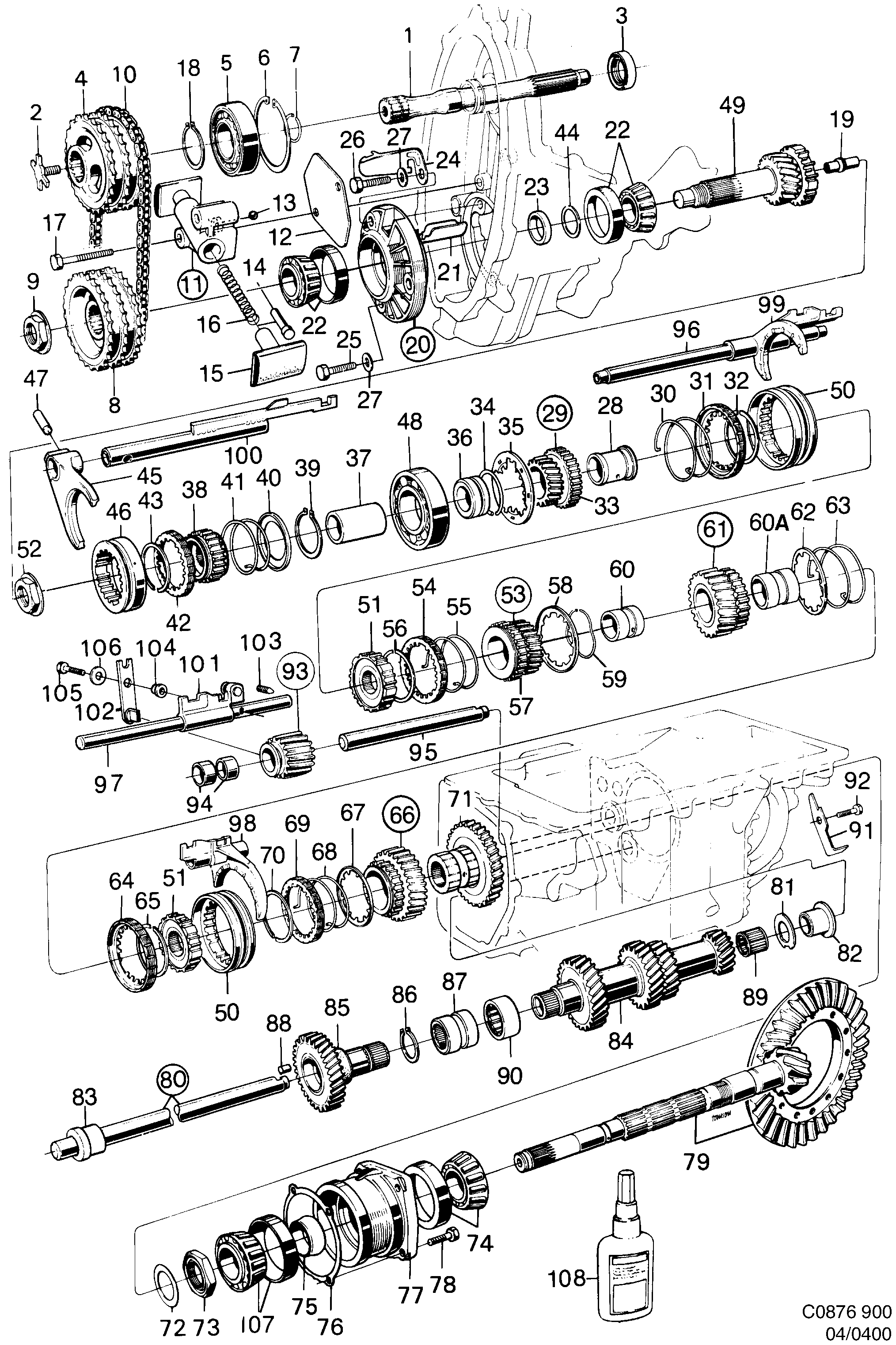 Saab 900 Shafts, gears diagram