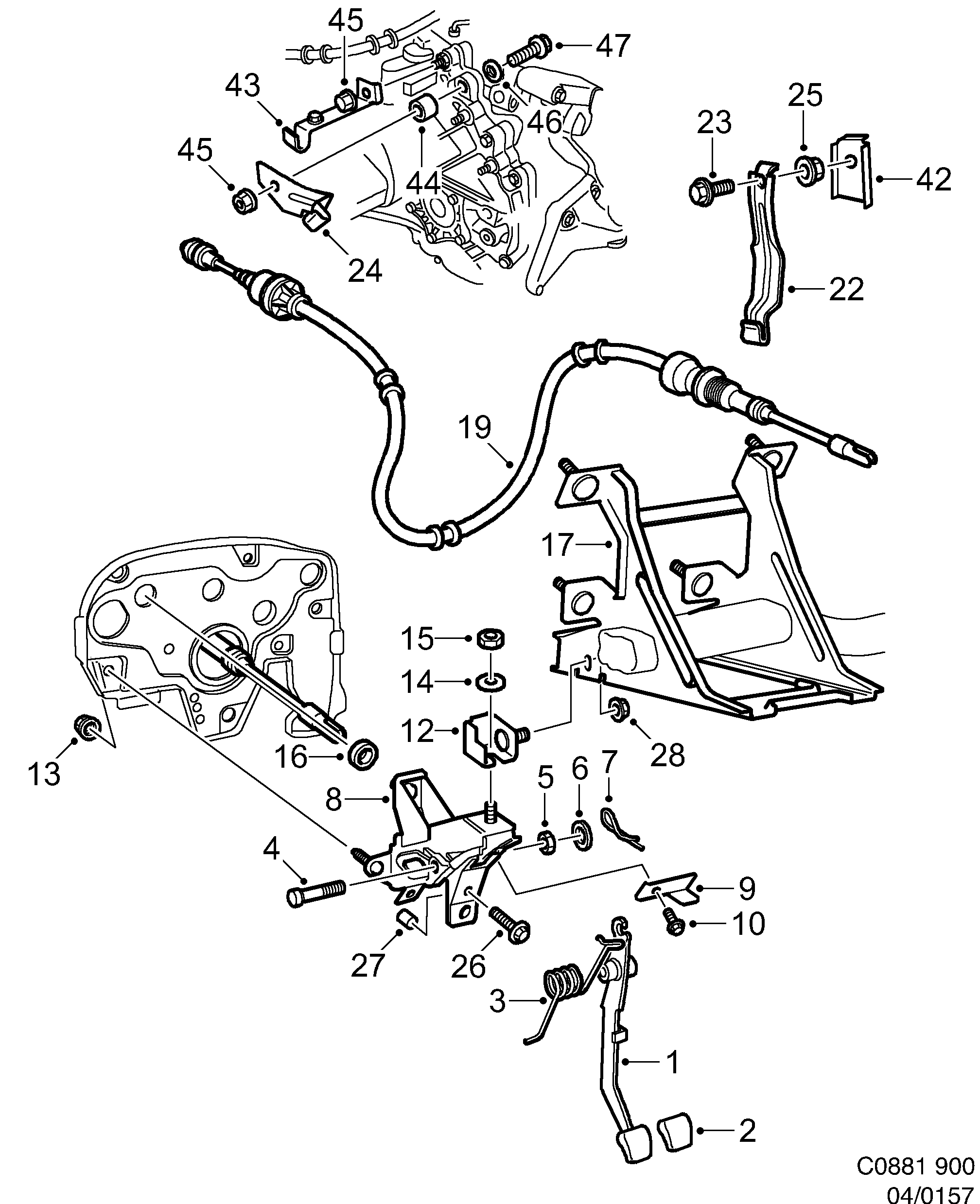 Saab 900 Clutch pedal diagram