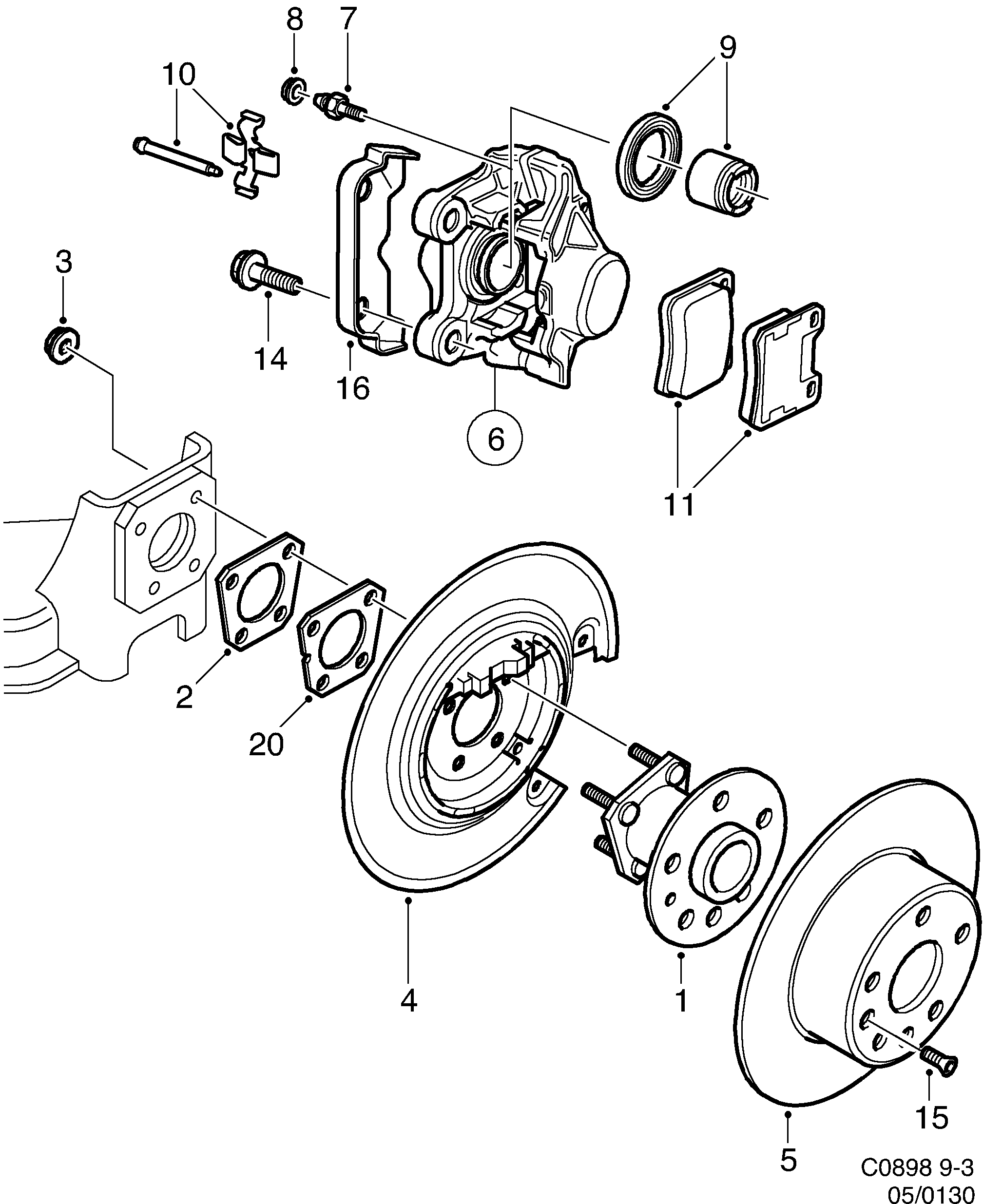 Saab 9-3 (9400) Rear wheel brake diagram