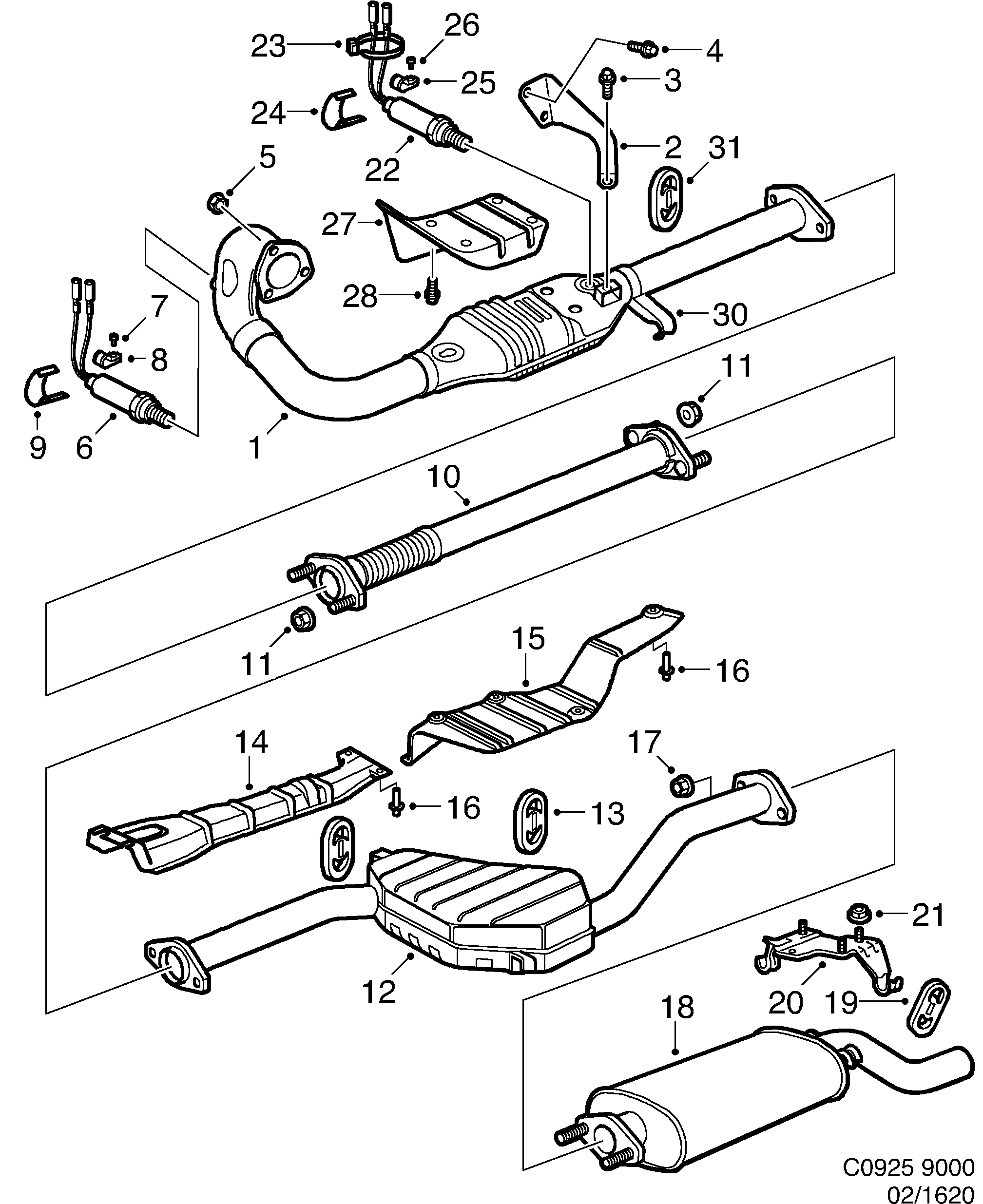Saab 9000 Exhaust system Front placed converter diagram