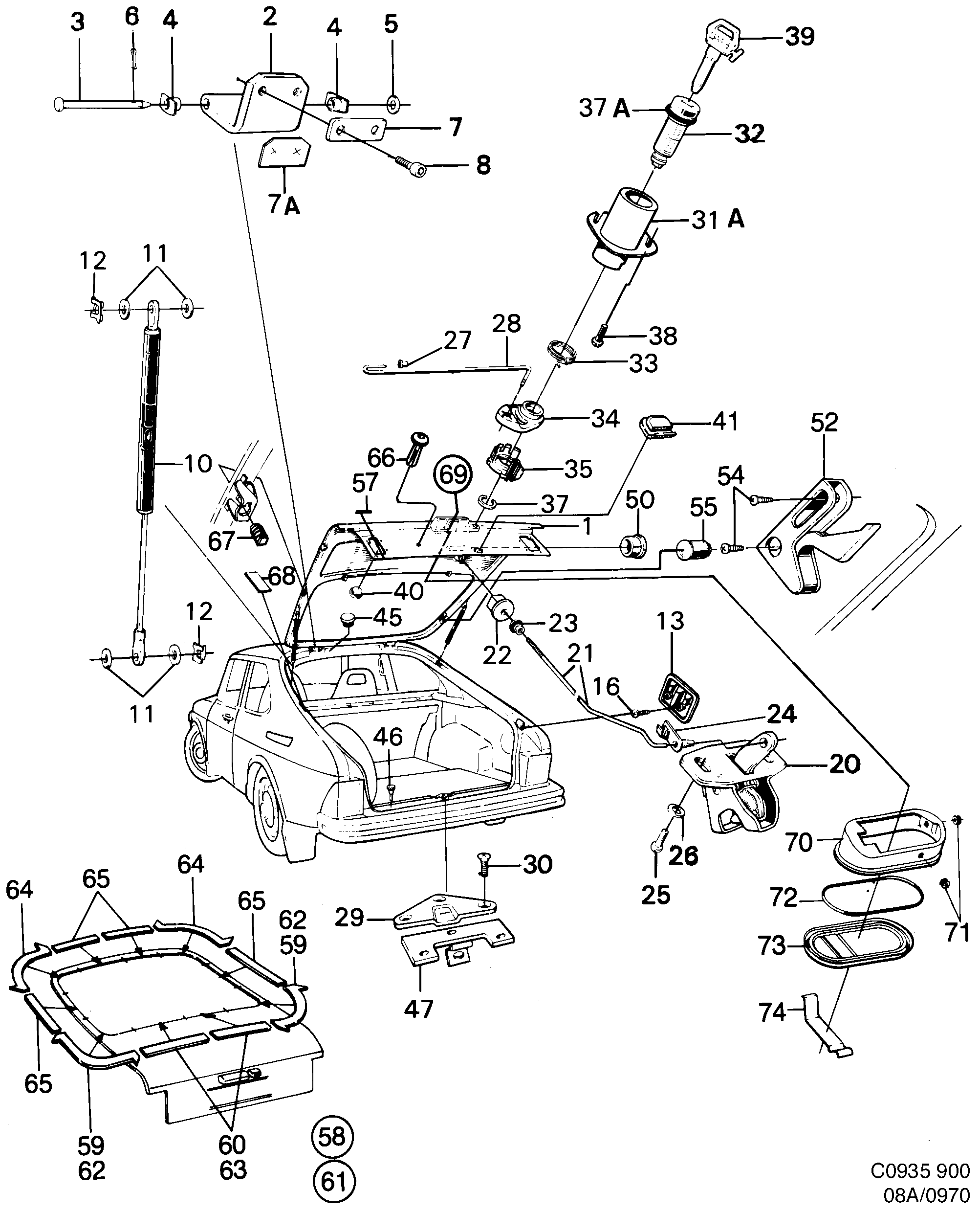 Saab 900 Tail gate Lock diagram