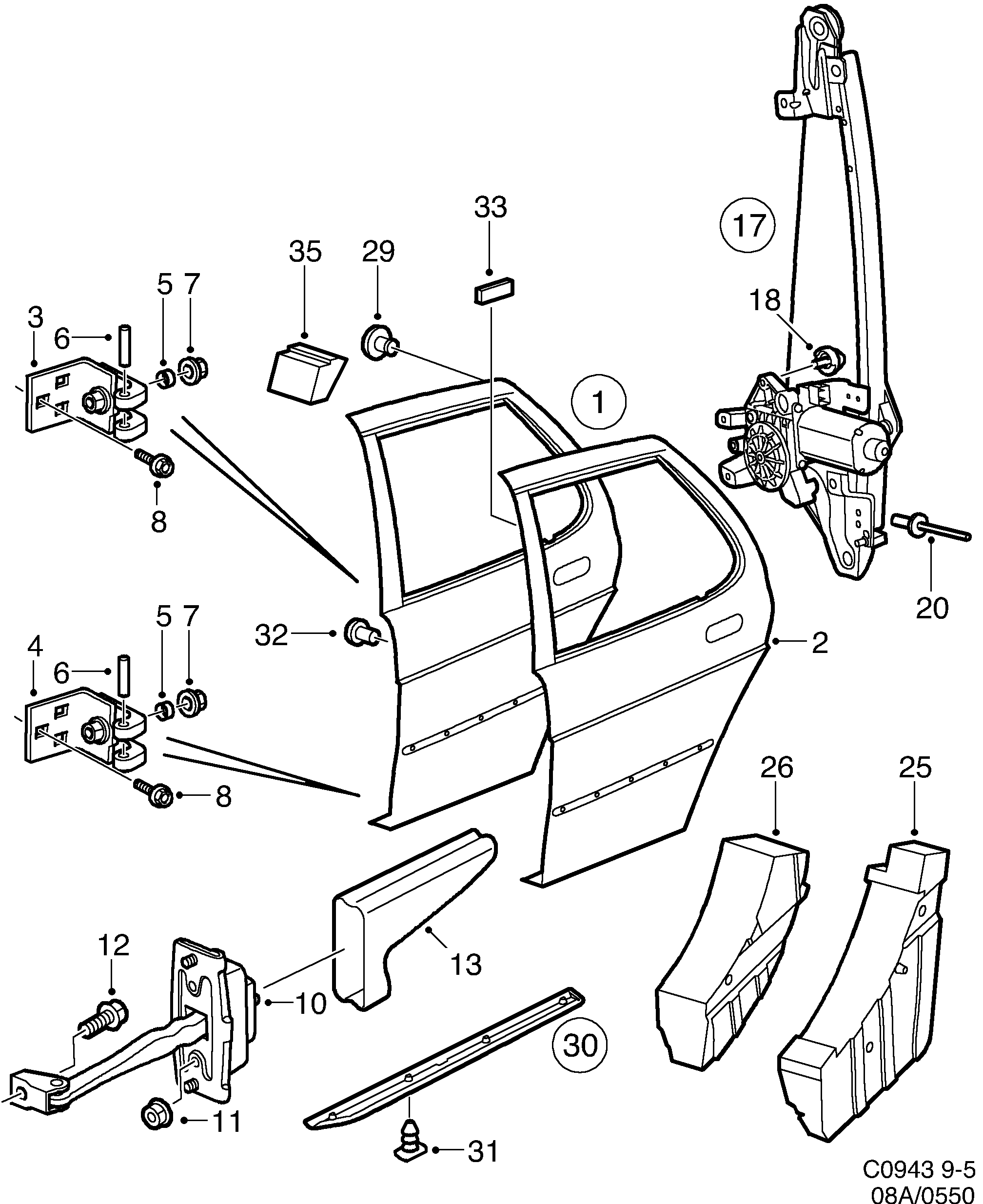 Saab 9-5 (9600) Rear door window regulators diagram