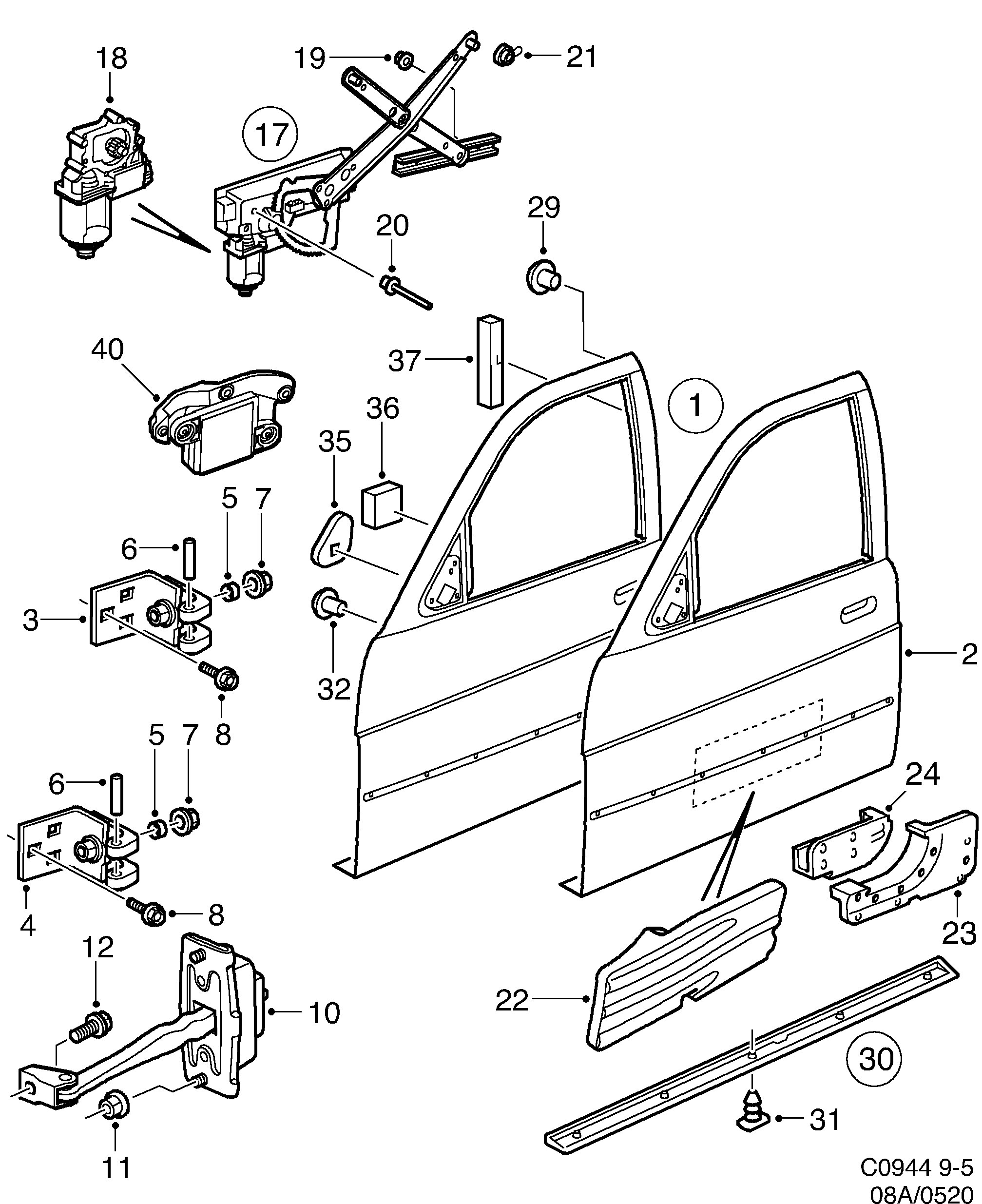 Saab 9-5 (9600) Front door window regulators diagram