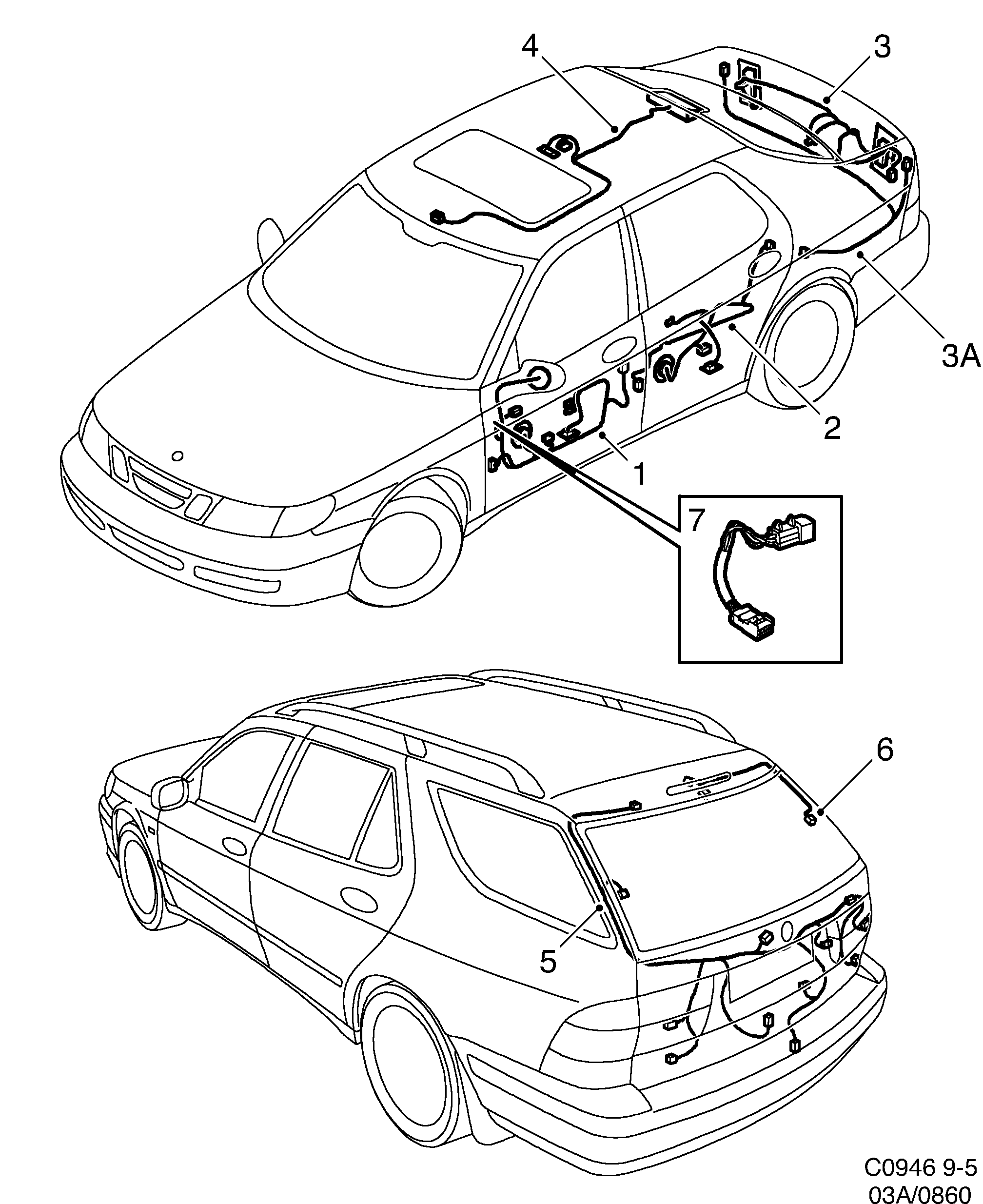 Saab 9-5 (9600) Doors, roof and rear hatch diagram