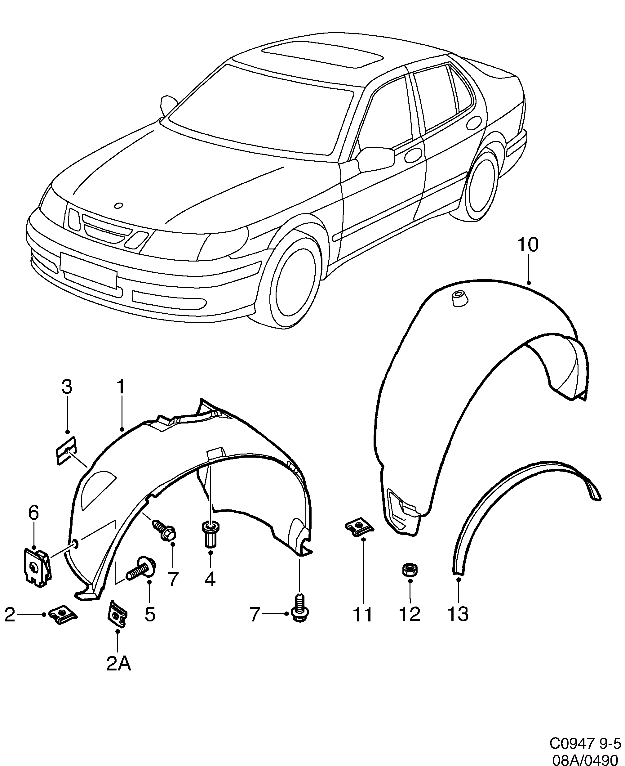 Saab 9-5 (9600) Wheel arch liner diagram