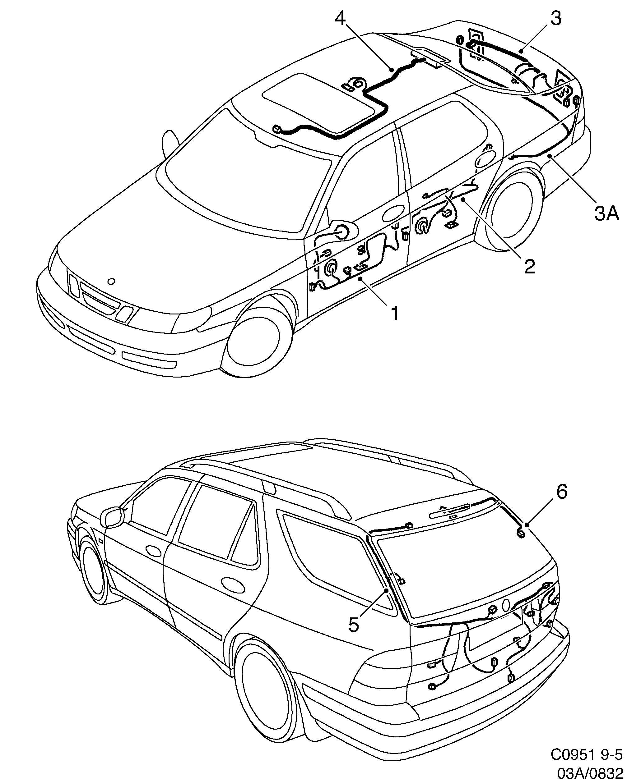 Saab 9-5 (9600) Doors, roof and rear hatch diagram