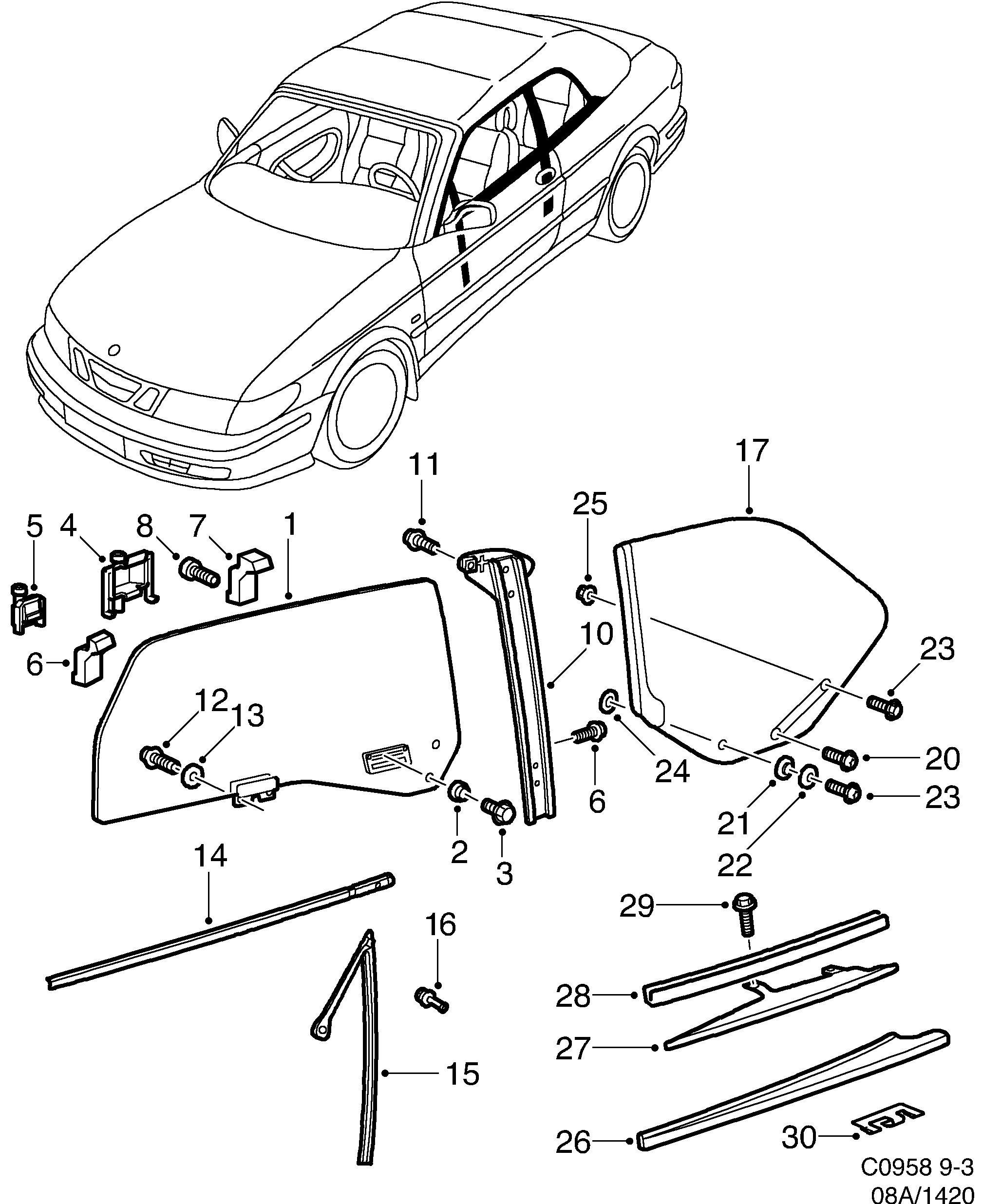 Saab 9-3 (9400) Doors and side windows diagram