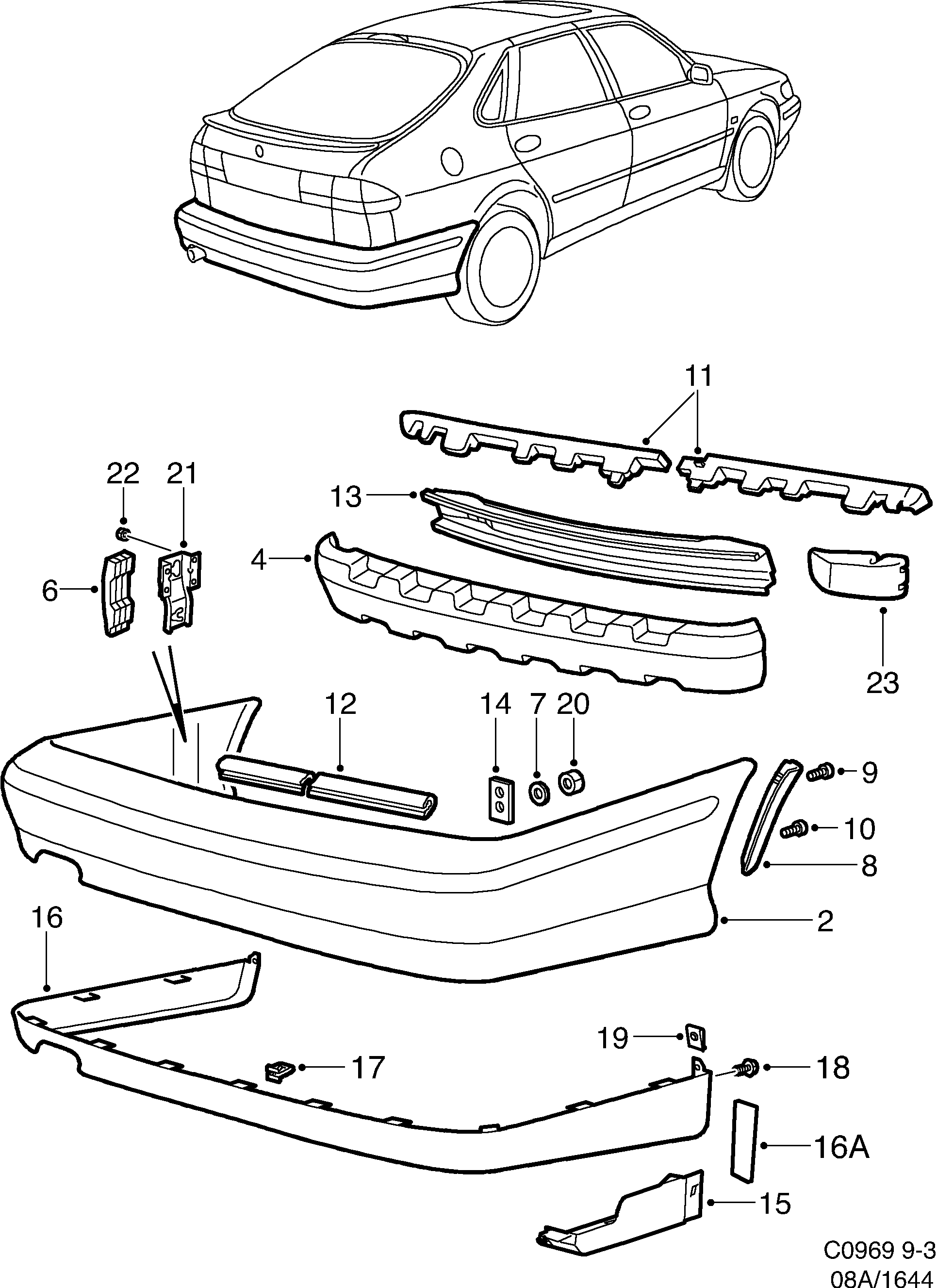 Saab 9-3 (9400) Bumper, rear Exterior Sports Kit, ''SE'' diagram