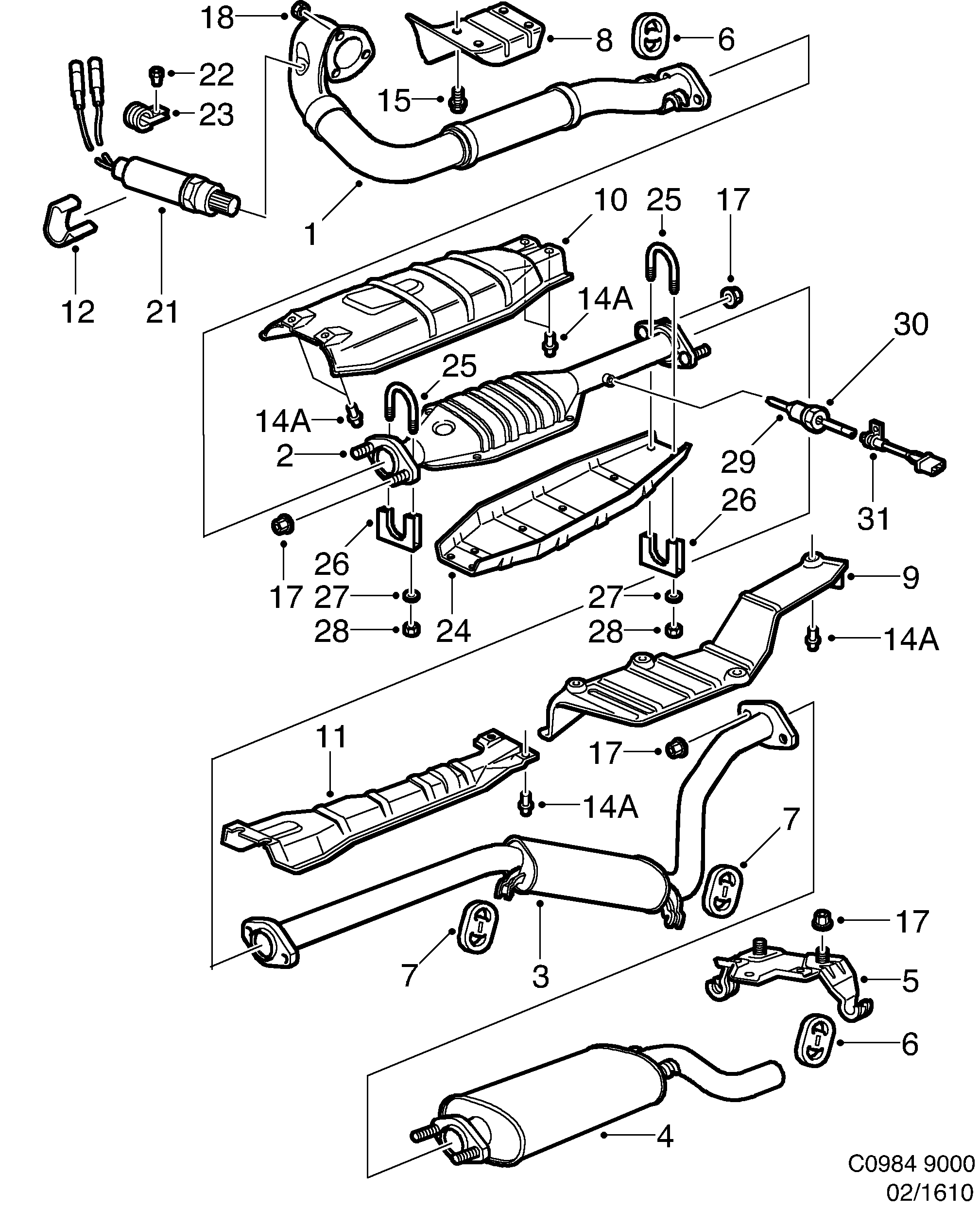 Saab 9000 Exhaust system With catalytic converter diagram
