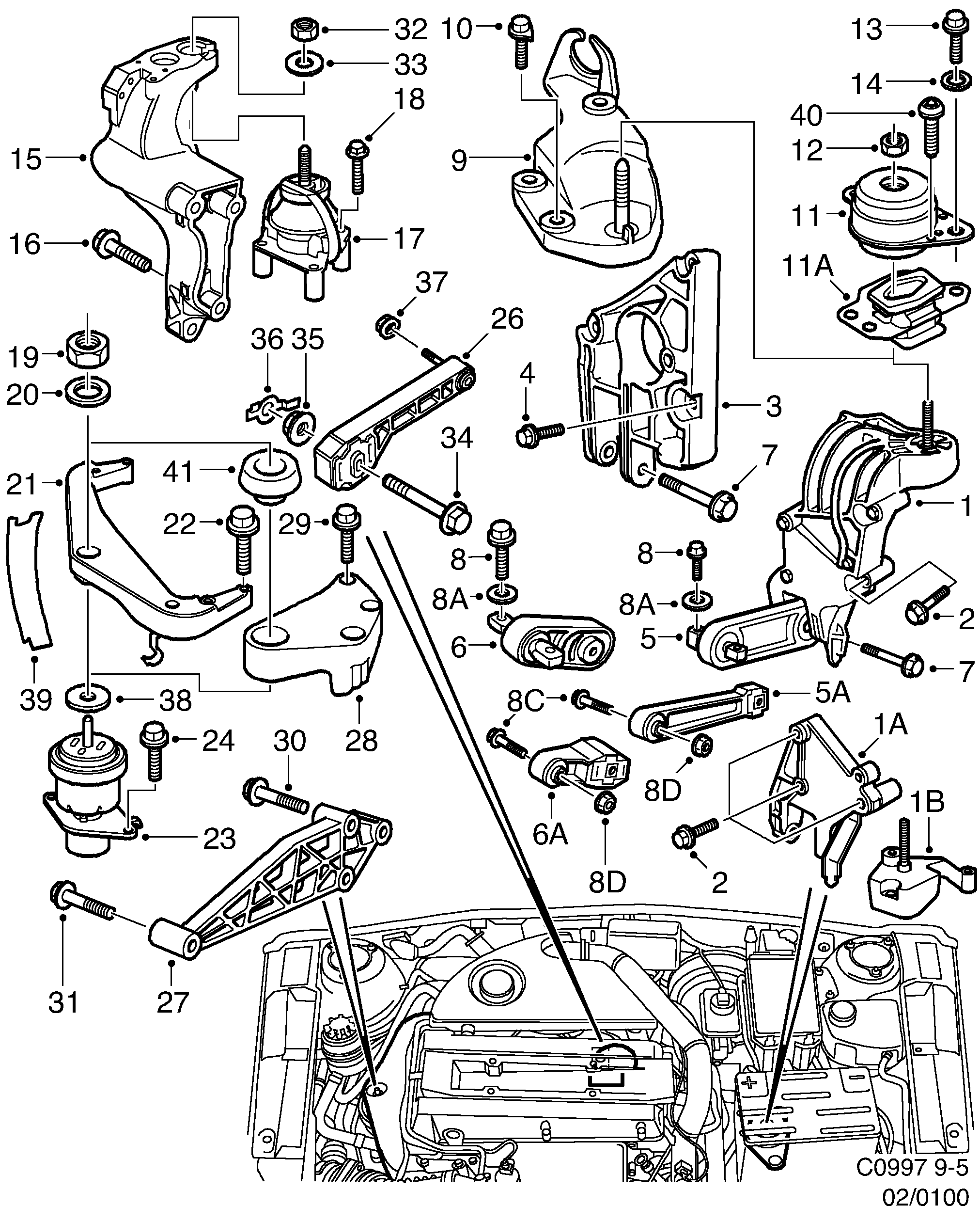 Saab 9-5 (9600) Engine suspension diagram