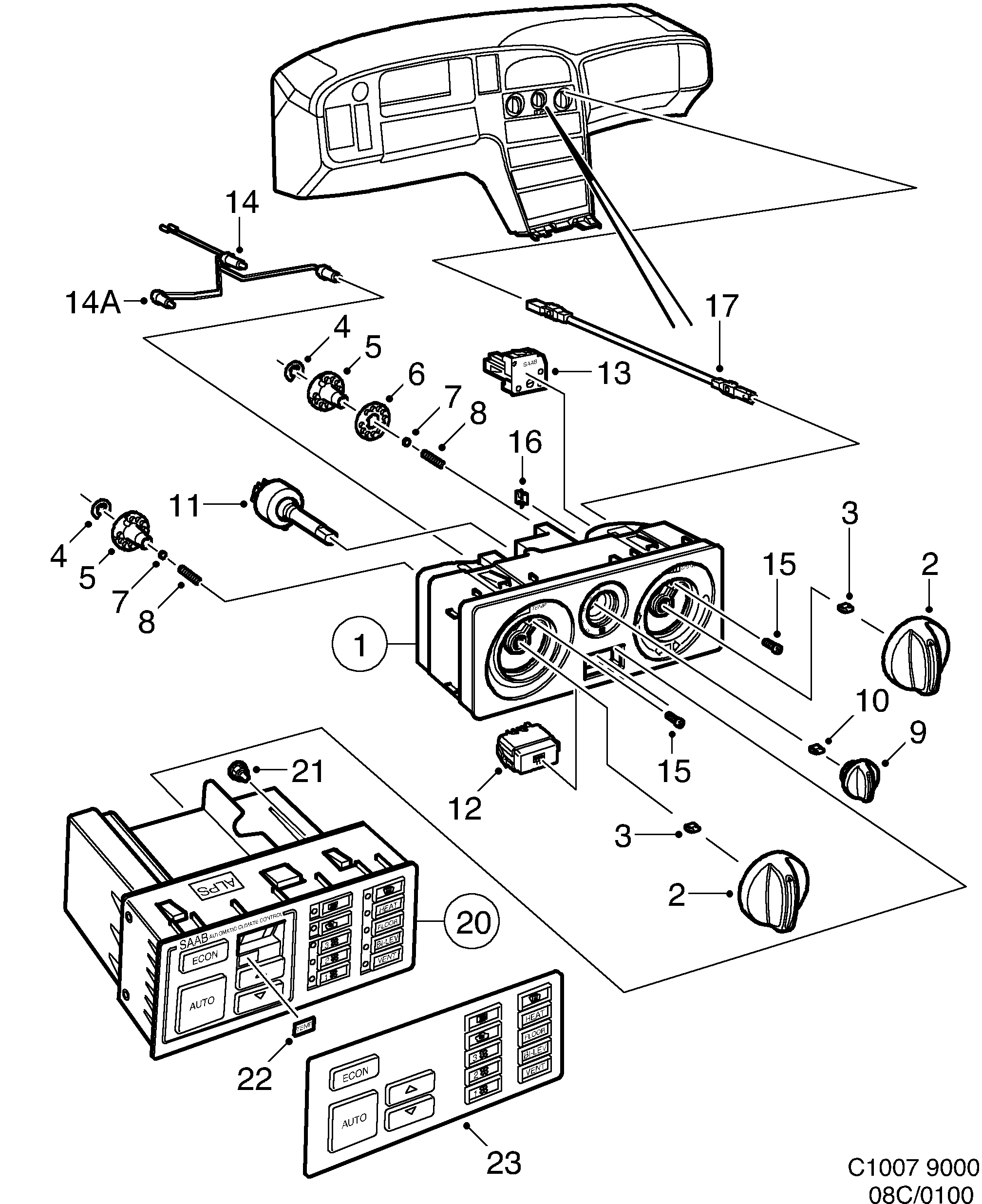 Saab 9000 Control panel diagram