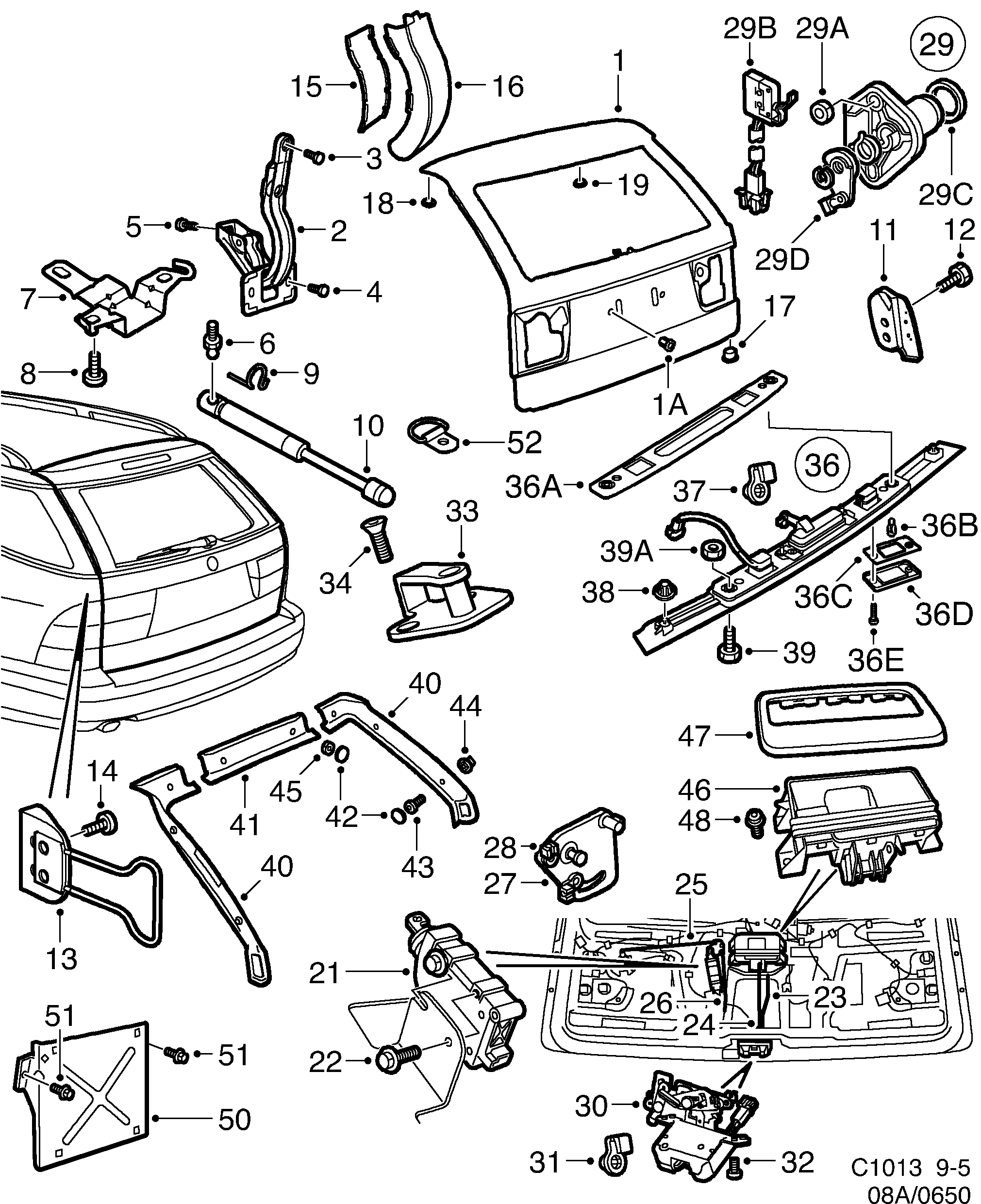 Saab 9-5 (9600) Tail gate diagram