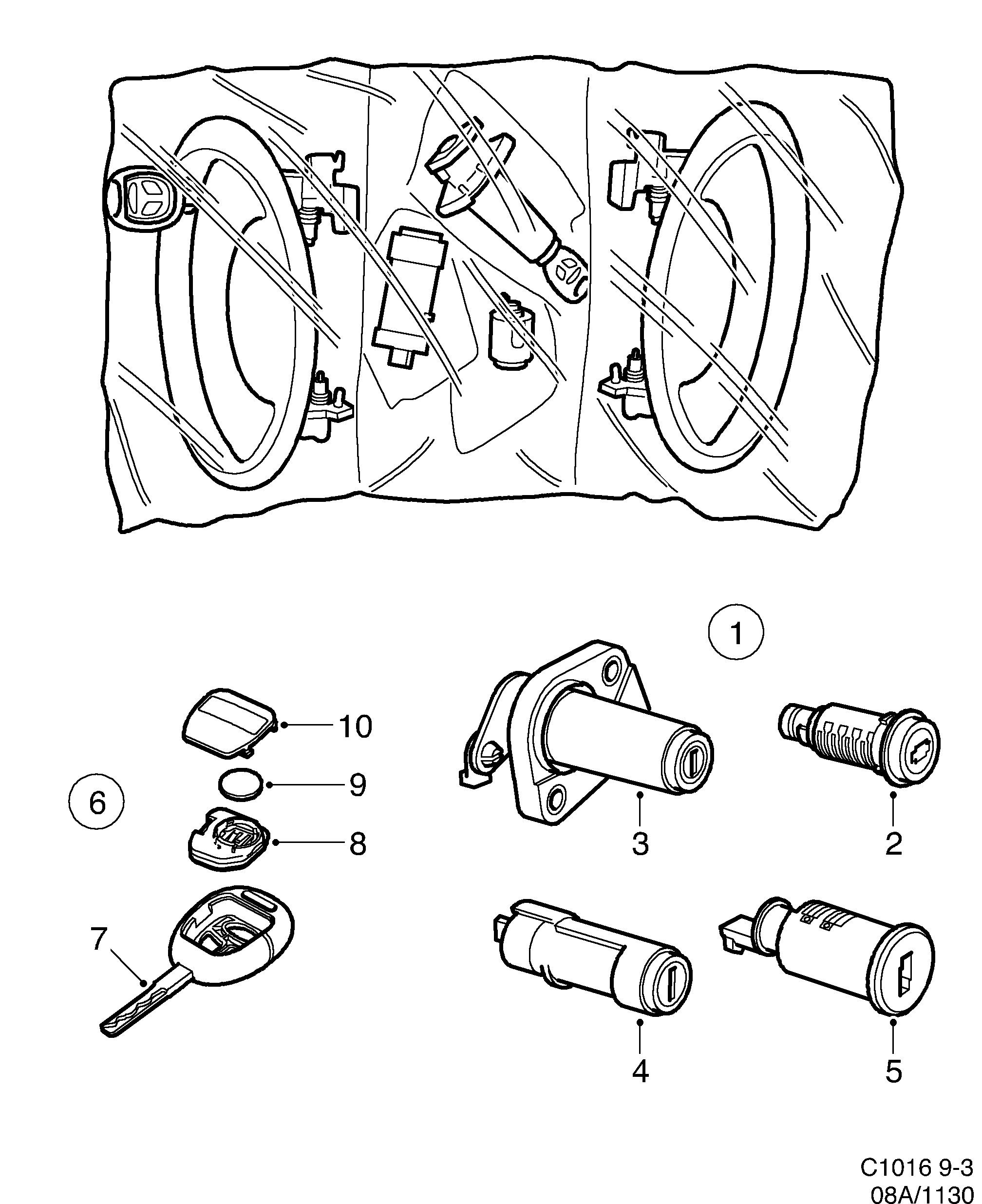 Saab 9-3 (9400) Lock Lock cylinder set diagram