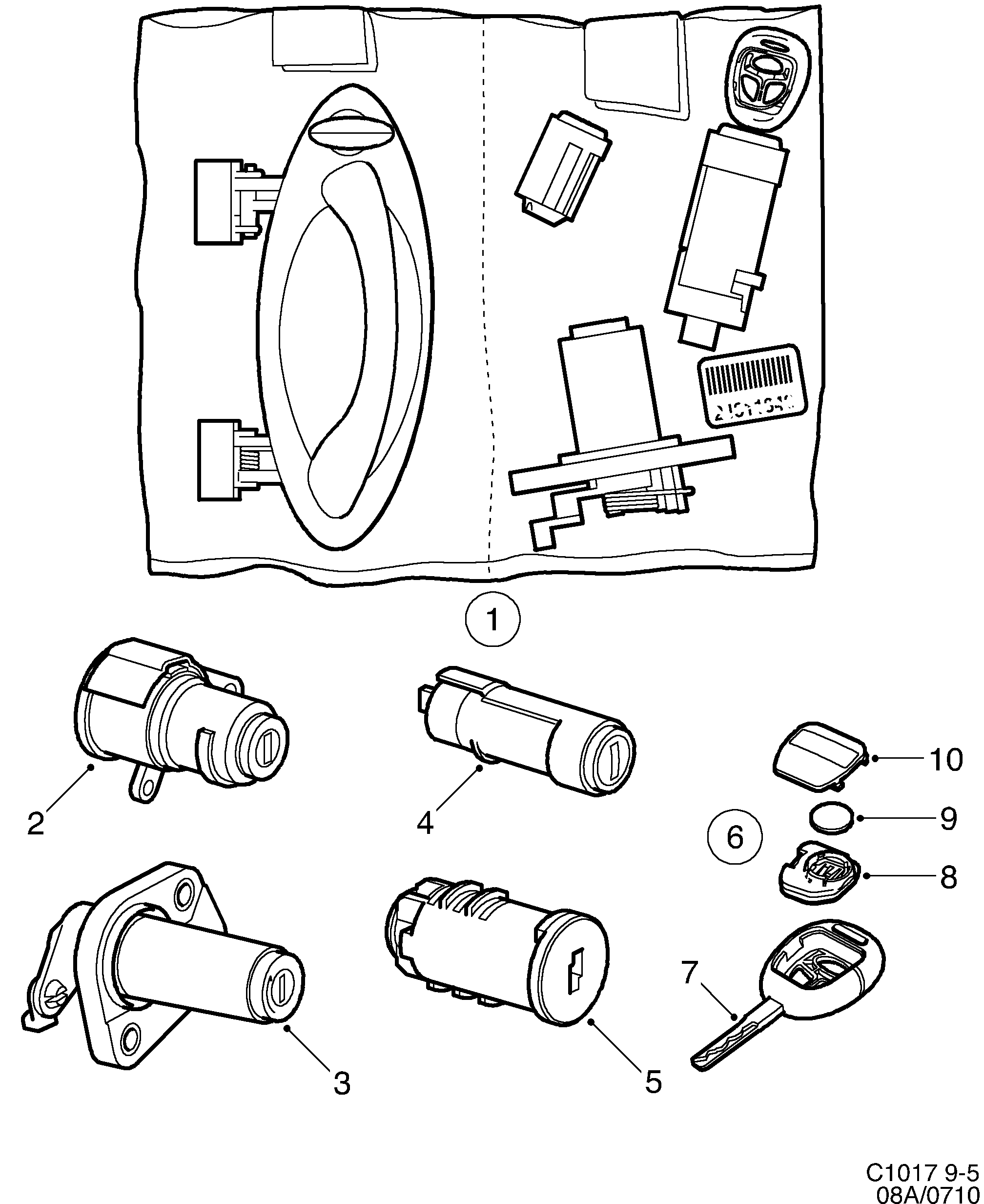 Saab 9-5 (9600) Lock Lock cylinder set diagram