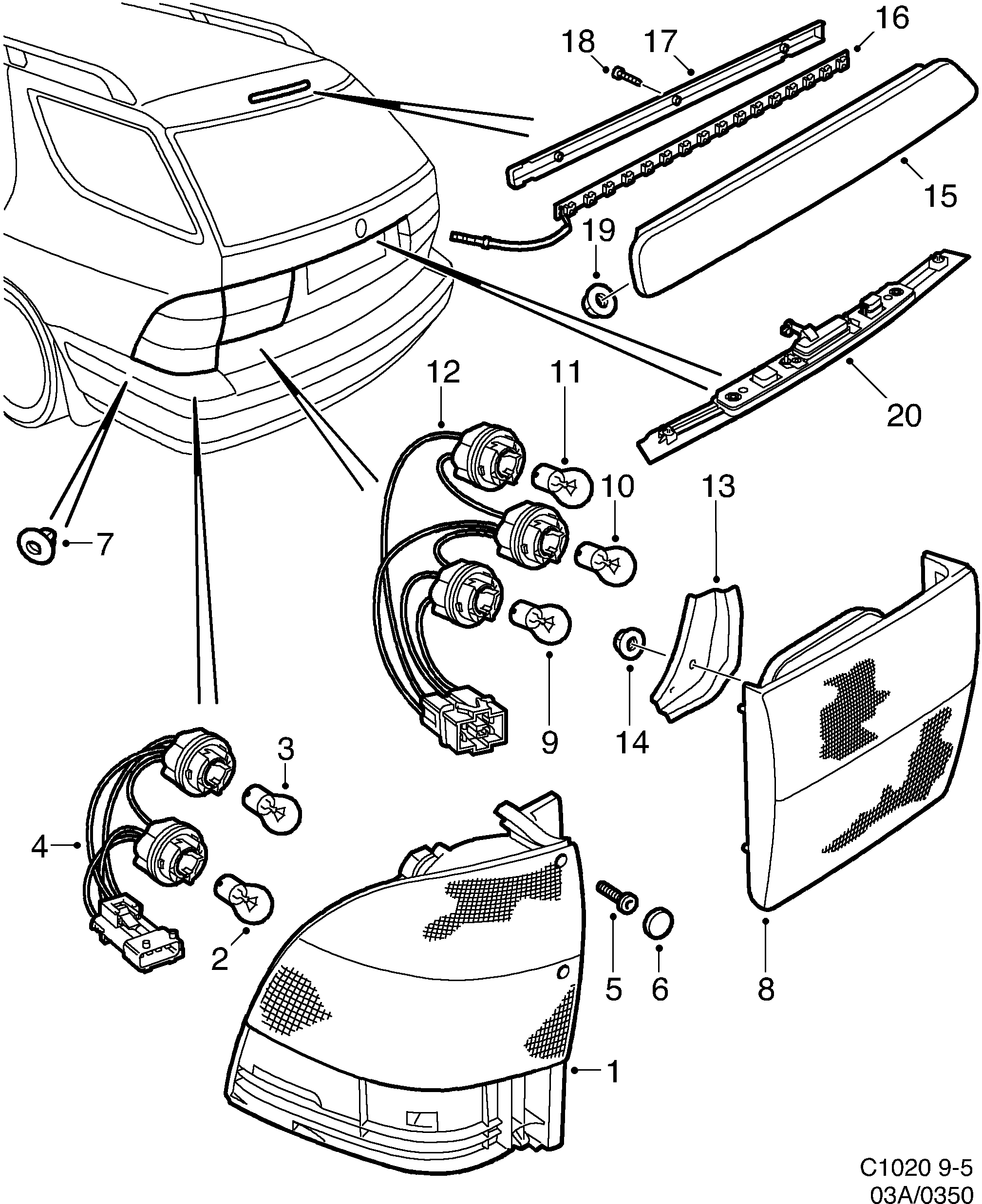 Saab 9-5 (9600) Tail light diagram