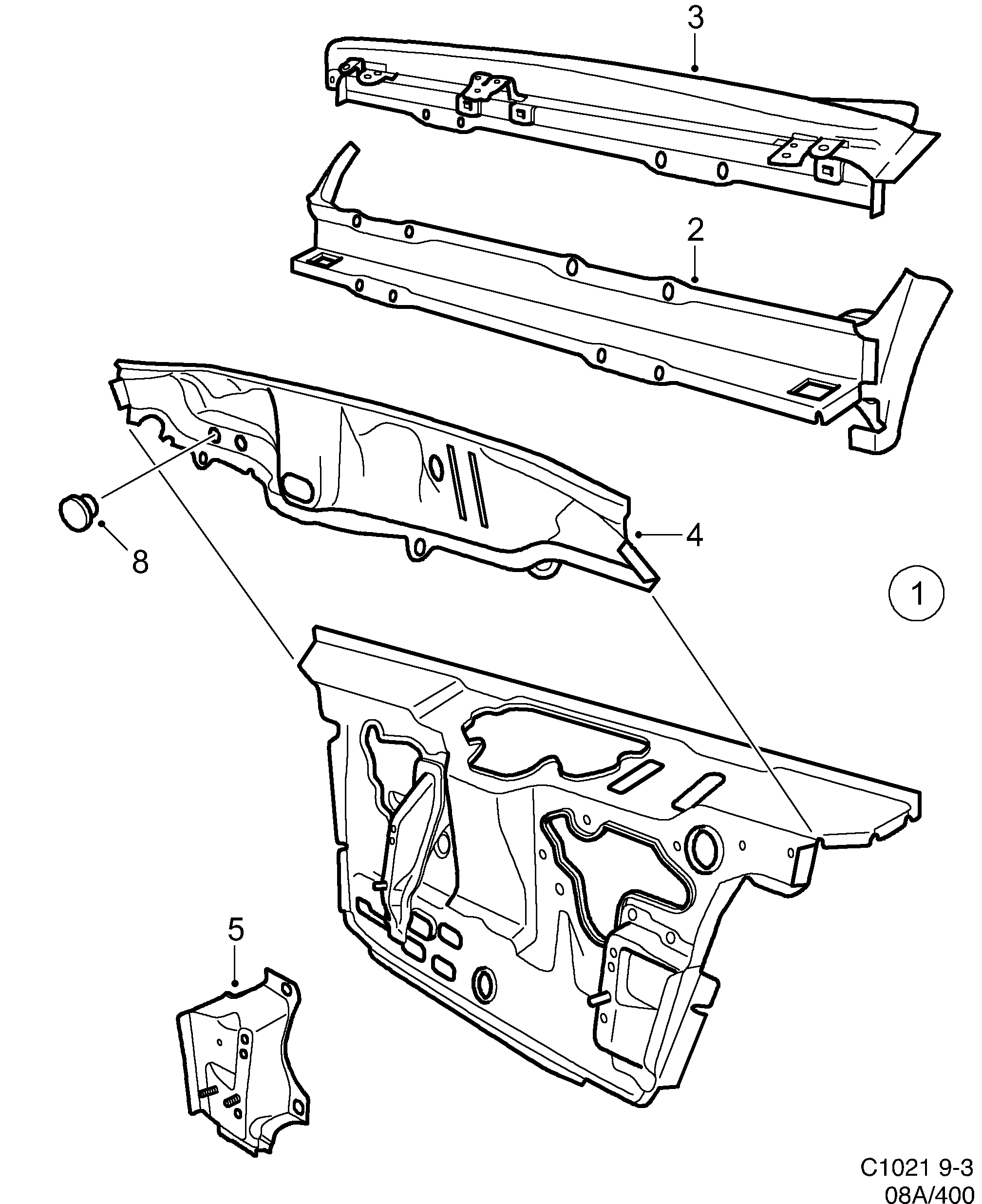 Saab 9-3 (9400) Cowl plate diagram
