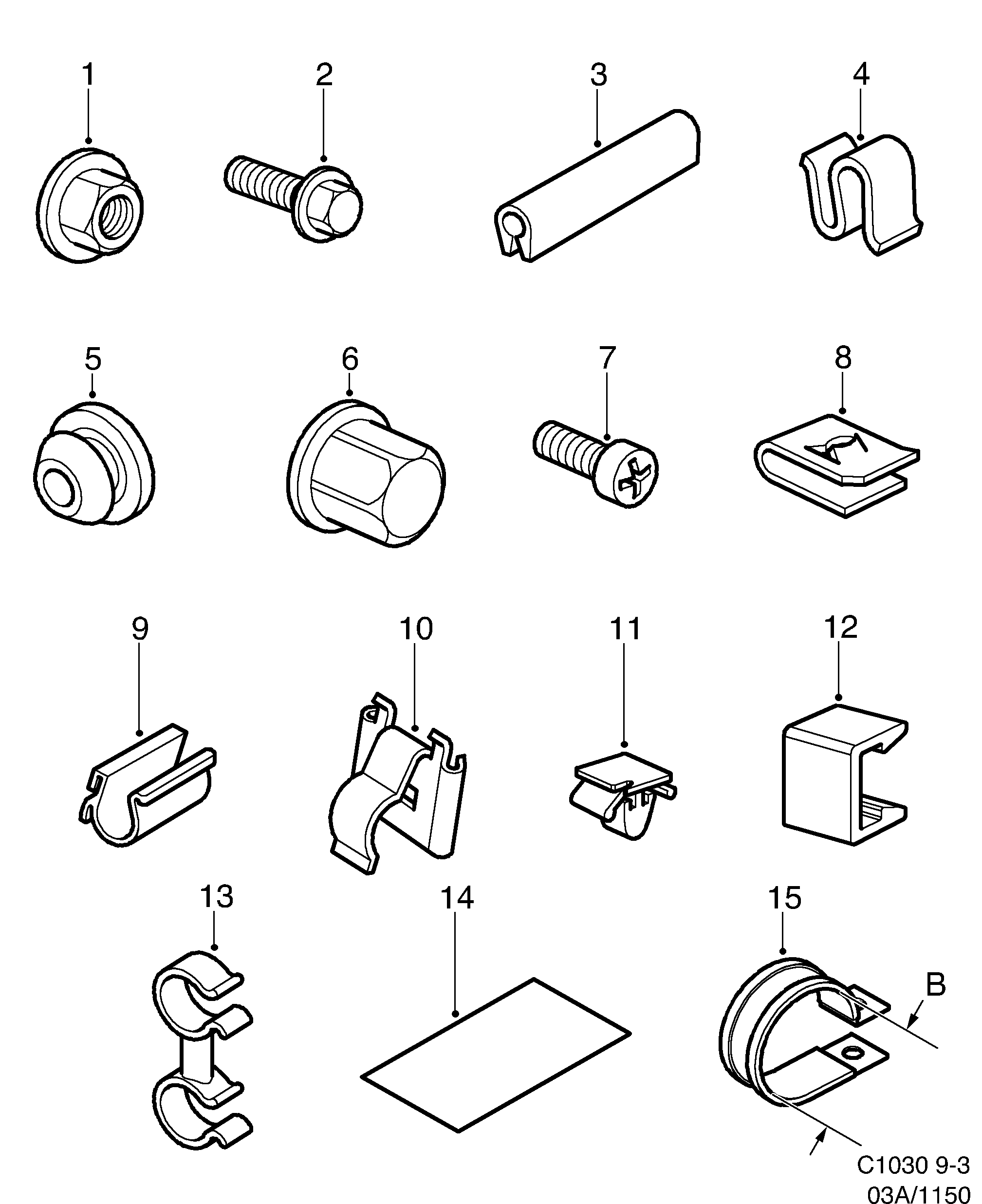 Saab 9-3 (9400) Bushings, screws, clamps etc diagram