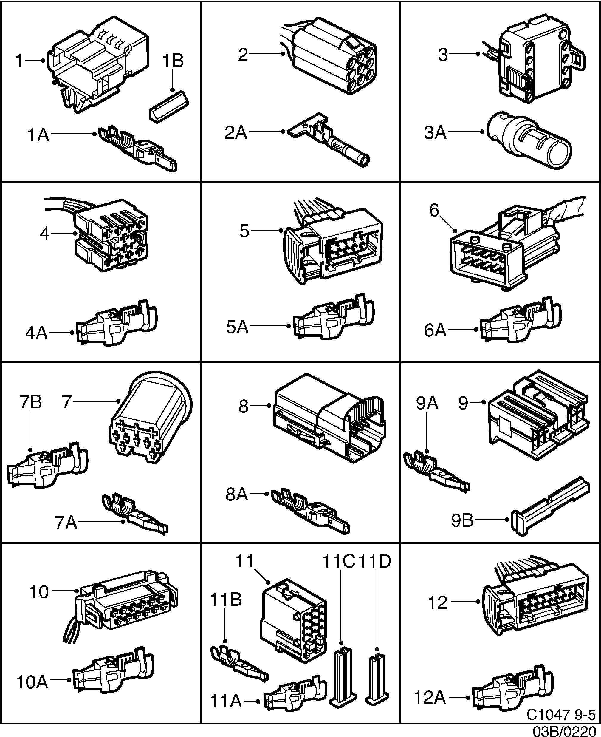 Saab 9-5 (9600) Connector housing etc 8-pin-16-pin diagram