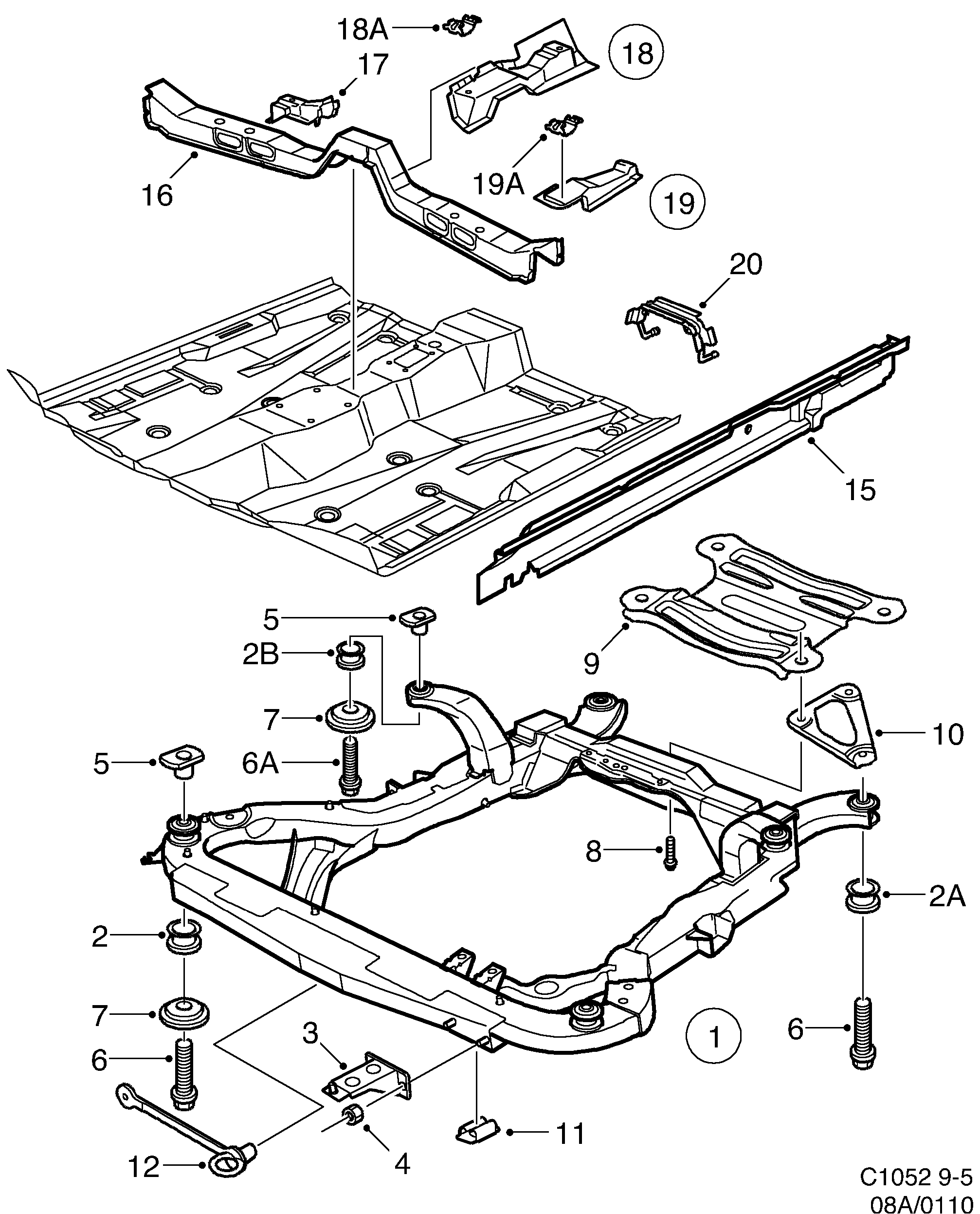 Saab 9-5 (9600) Front and centre floor diagram