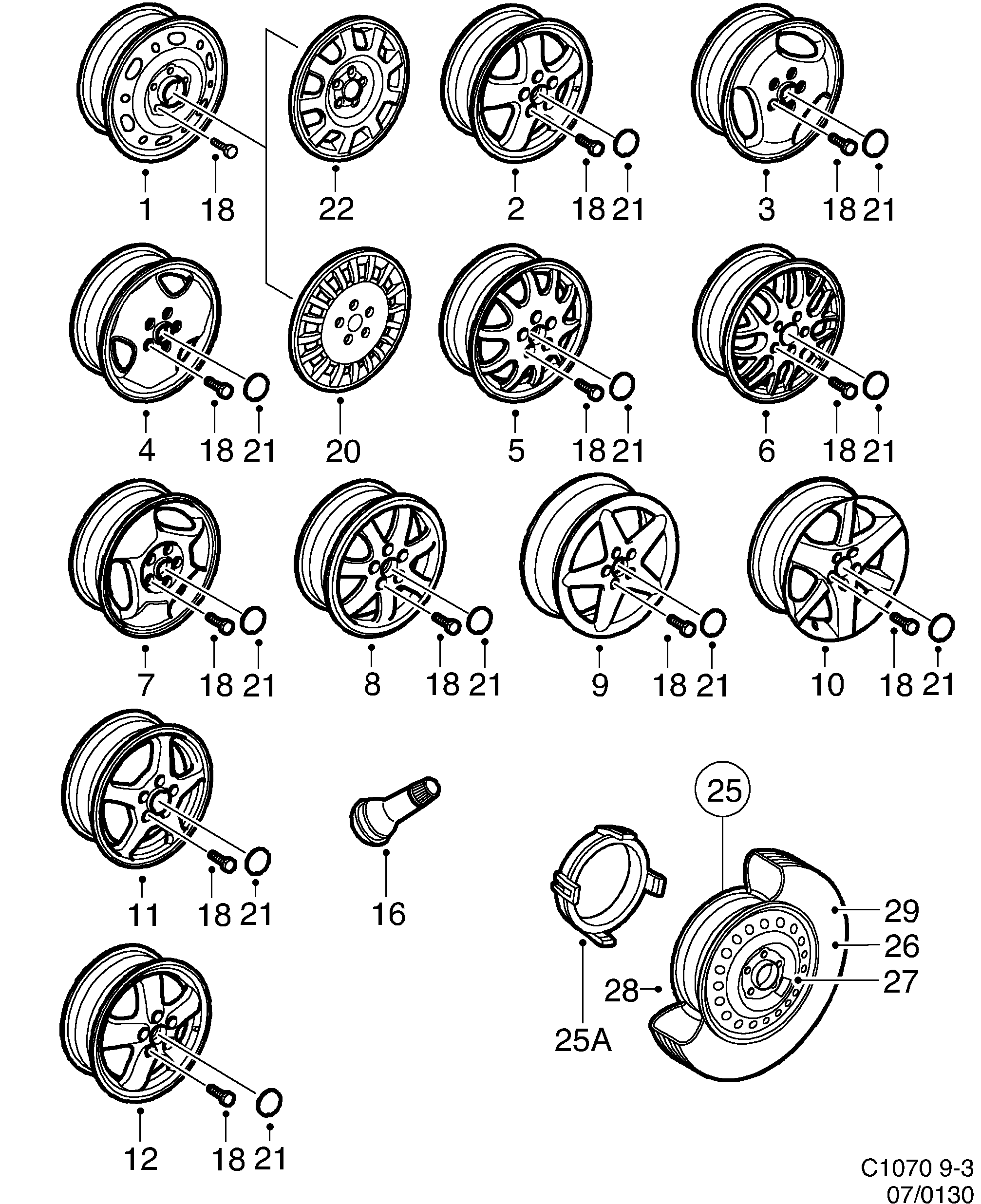 Saab 9-3 (9400) Wheel diagram