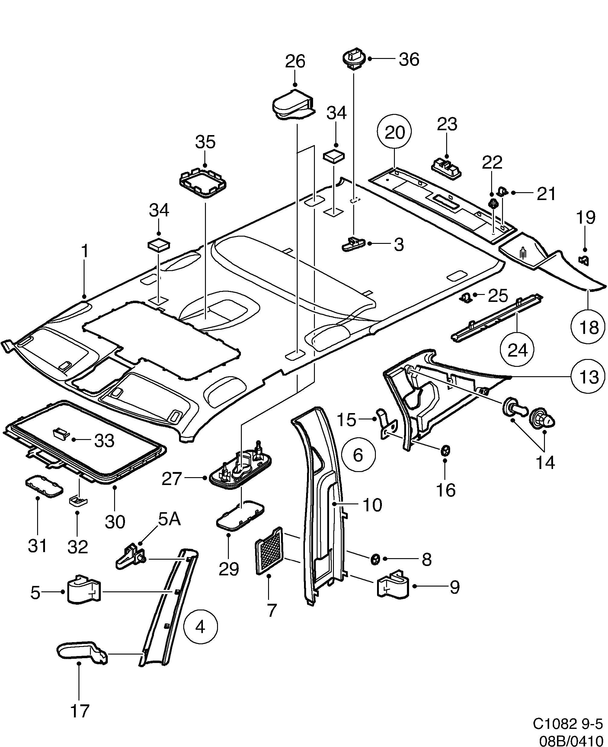 Saab 9-5 (9600) Head- and pillar lining diagram