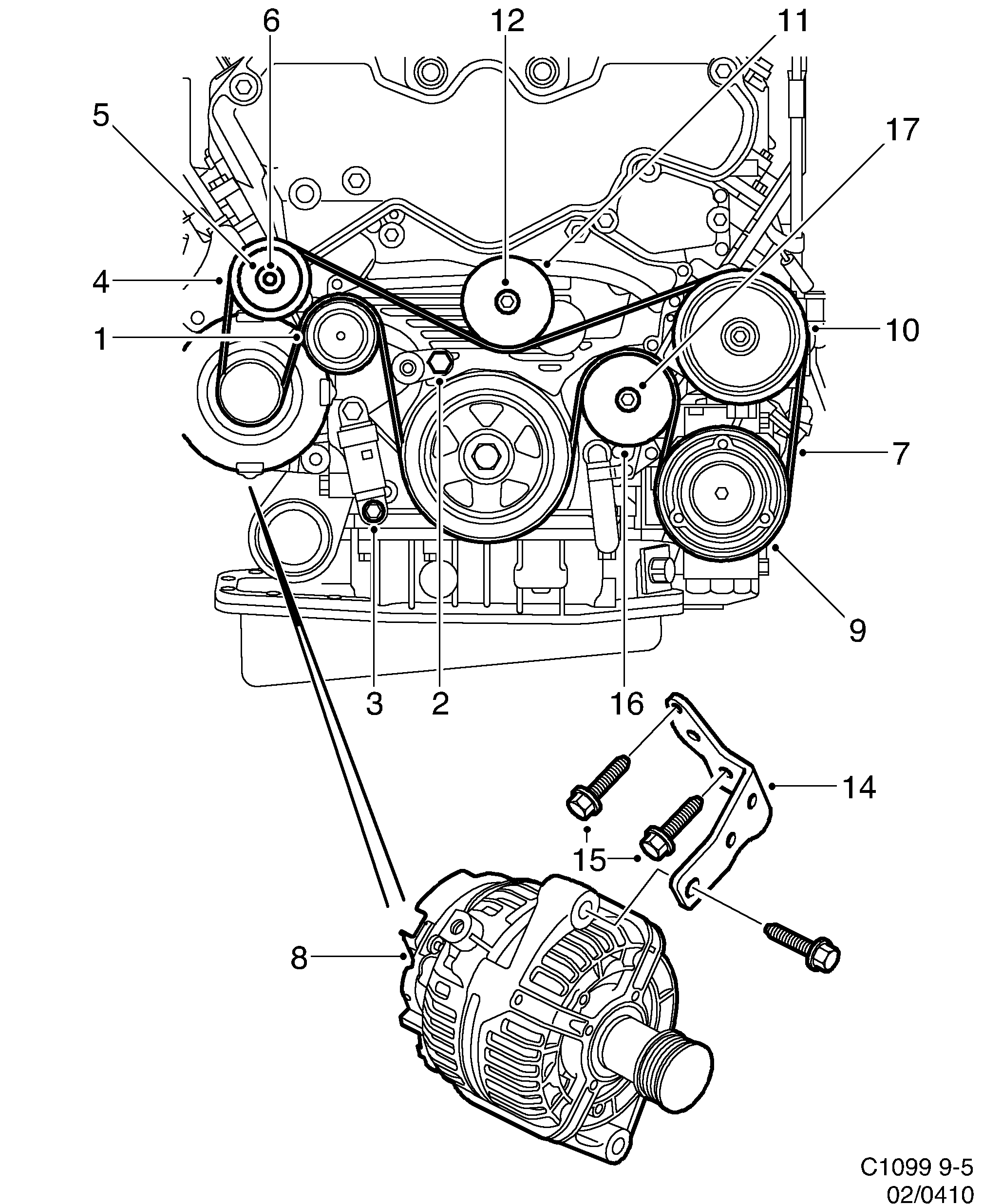 Saab 9-5 (9600) Belt tensioner diagram