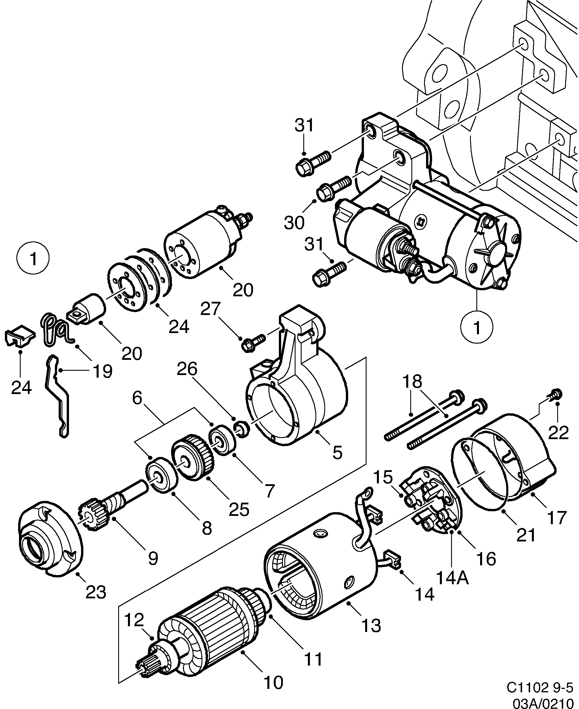 Saab 9-5 (9600) Starter motor diagram